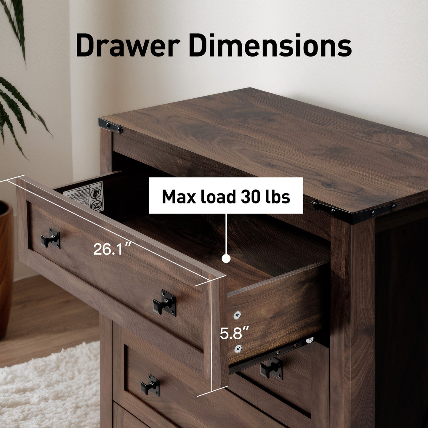 CHITOOMA 5 Drawer Dressers for Bedroom, Adult Tall Wooden Storage Cabine with Double Handle, Chest of Drawers for Living Room Hallway, Walnut