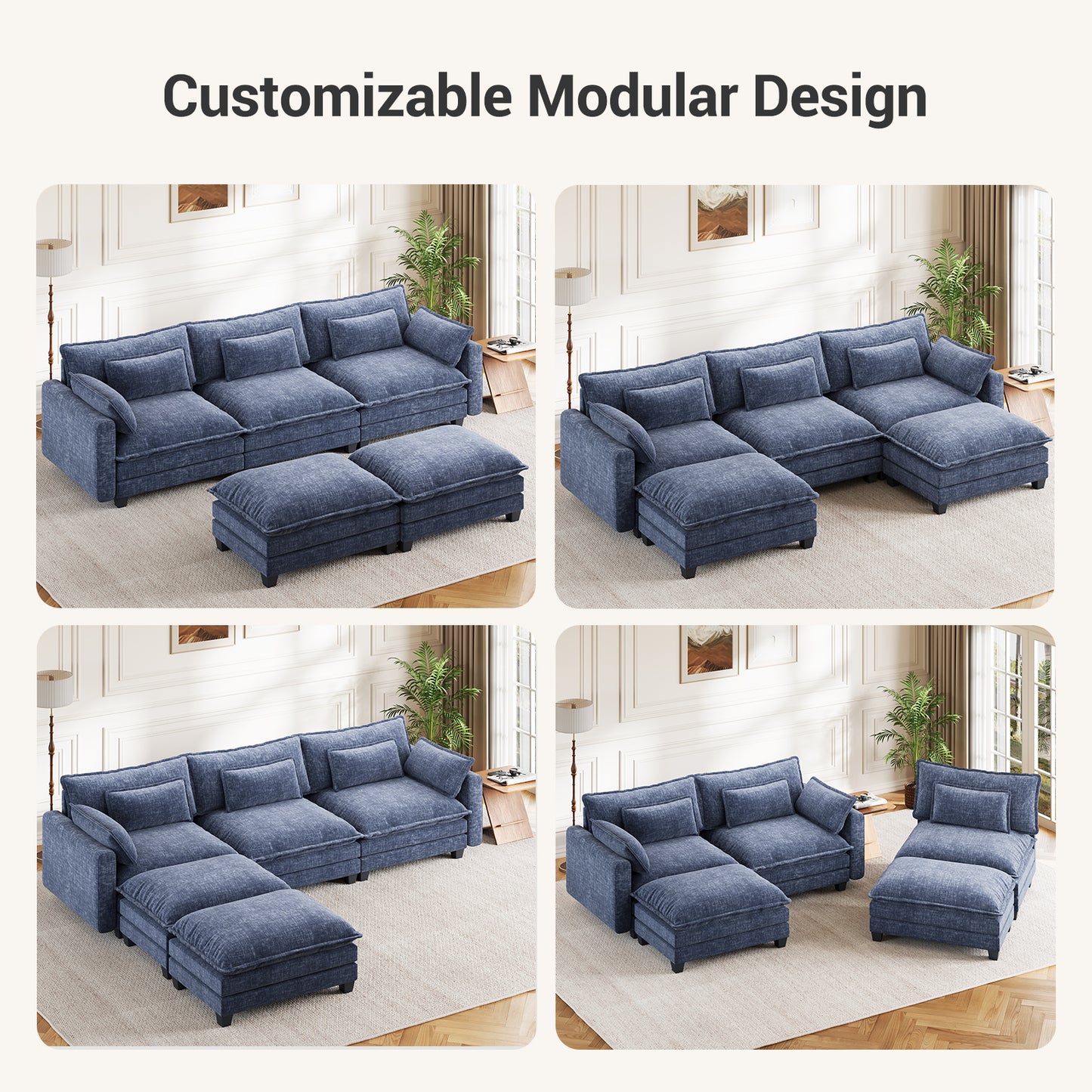 CHITOOMA 111" Modular Sectional Sofa with 2 Movable Ottomans, U-Shaped Oversized 3-Seat Chenille Cloud Sofa with 5 Pillows for Living Room, Blue
