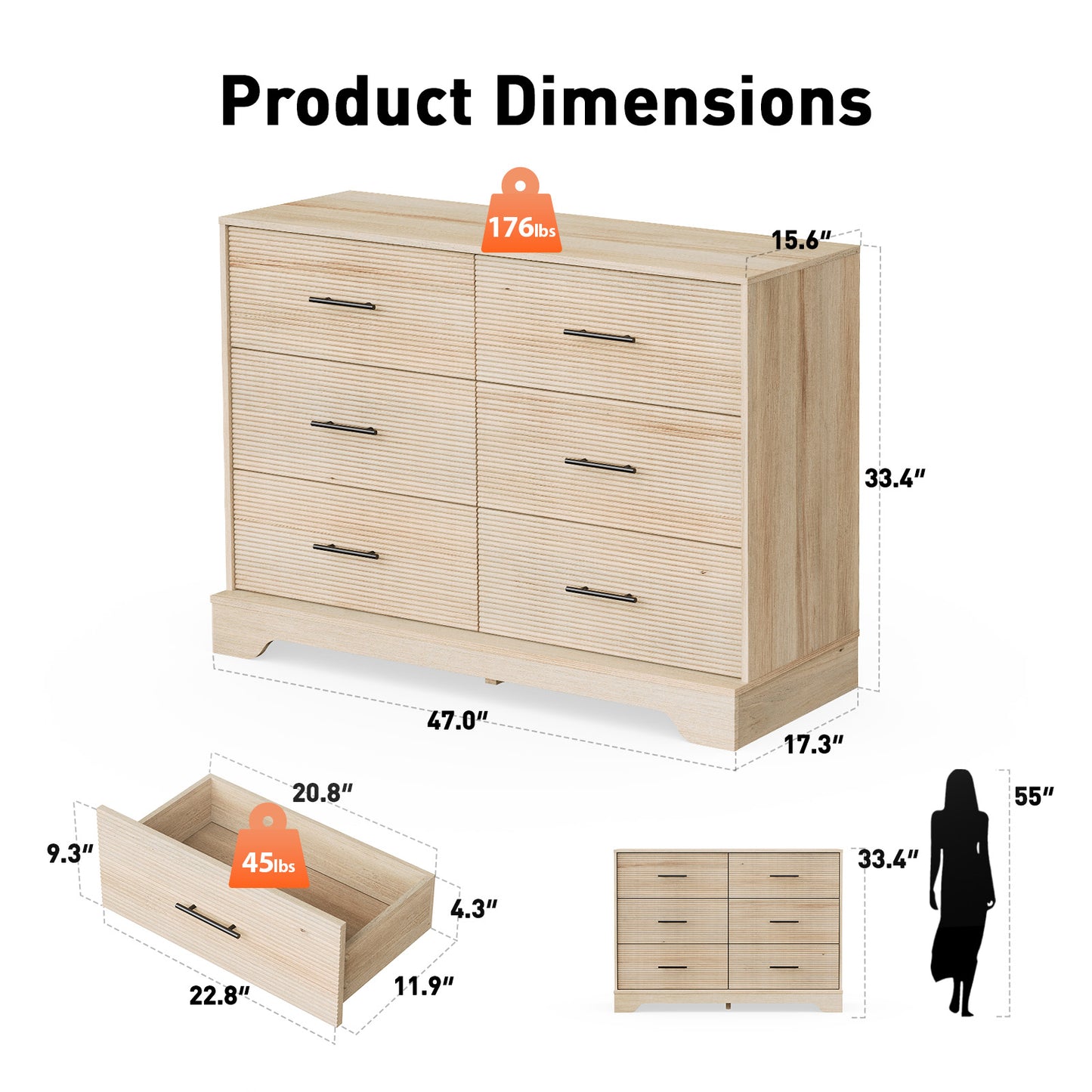 CHITOOMA 6 Drawer Fluted Dresser for Bedroom, Modern Wooden Long Dresser, Storage Cabine Chest of Drawers for Living Room Hallway, Natural