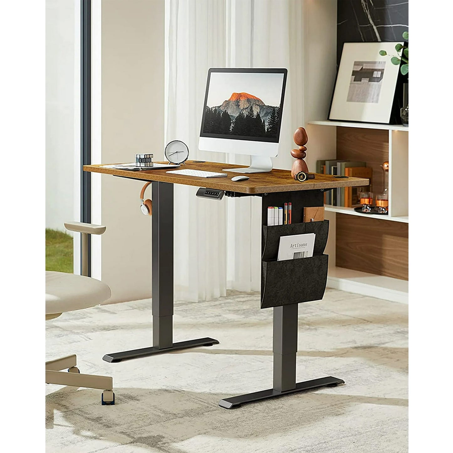 CHITOOMA 55" x 24" Electric Standing Desk with Storage Bag, Adjustable Height Sit to Stand Desk with 4 Memory Pre-Set, Headphone Hook for Home Office, Rustic Brown