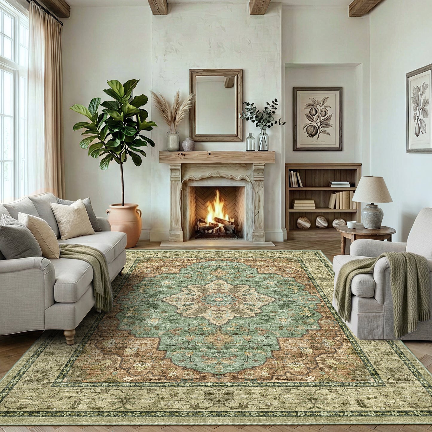 CHITOOMA 9'x12' Area Rugs for Living Room, Boho Machine Washable Stain Resistant Non-Shed Carpet, Floral Area Rug with Non-Slip Backing for Bedroom, Dining Room, Dorm, Office