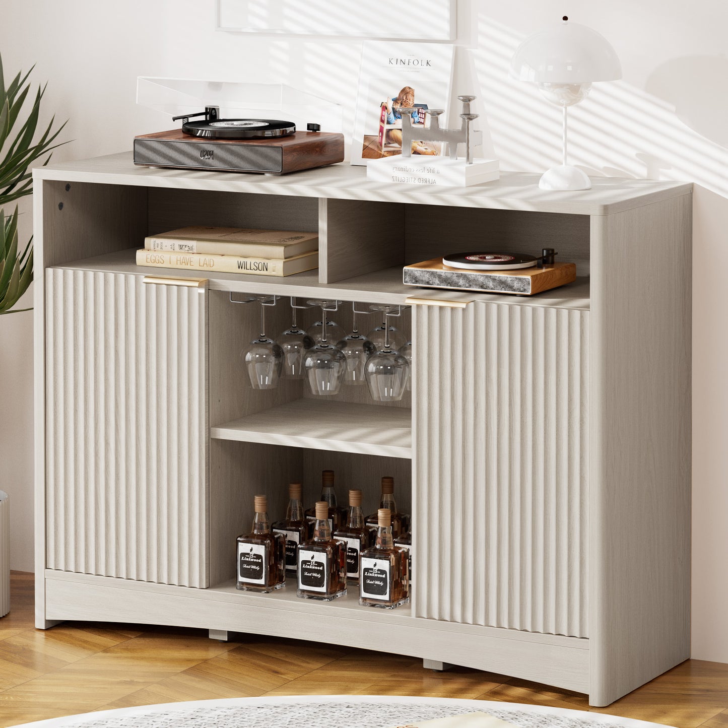 CHITOOMA Modern Coffee Bar Cabinet with Wine Glass Rack, Fluted Buffet Sideboard with Adjustable Storage Shelves and Doors, Liquor Bar Table for Dining Room or Living Room, Gray