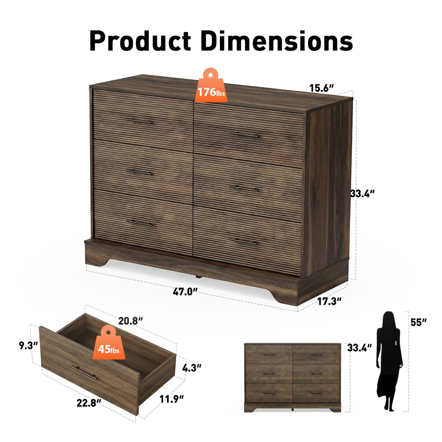 CHITOOMA 6 Drawer Fluted Dresser for Bedroom, Modern Wooden Long Dresser, Storage Cabine Chest of Drawers for Living Room Hallway, Walnut