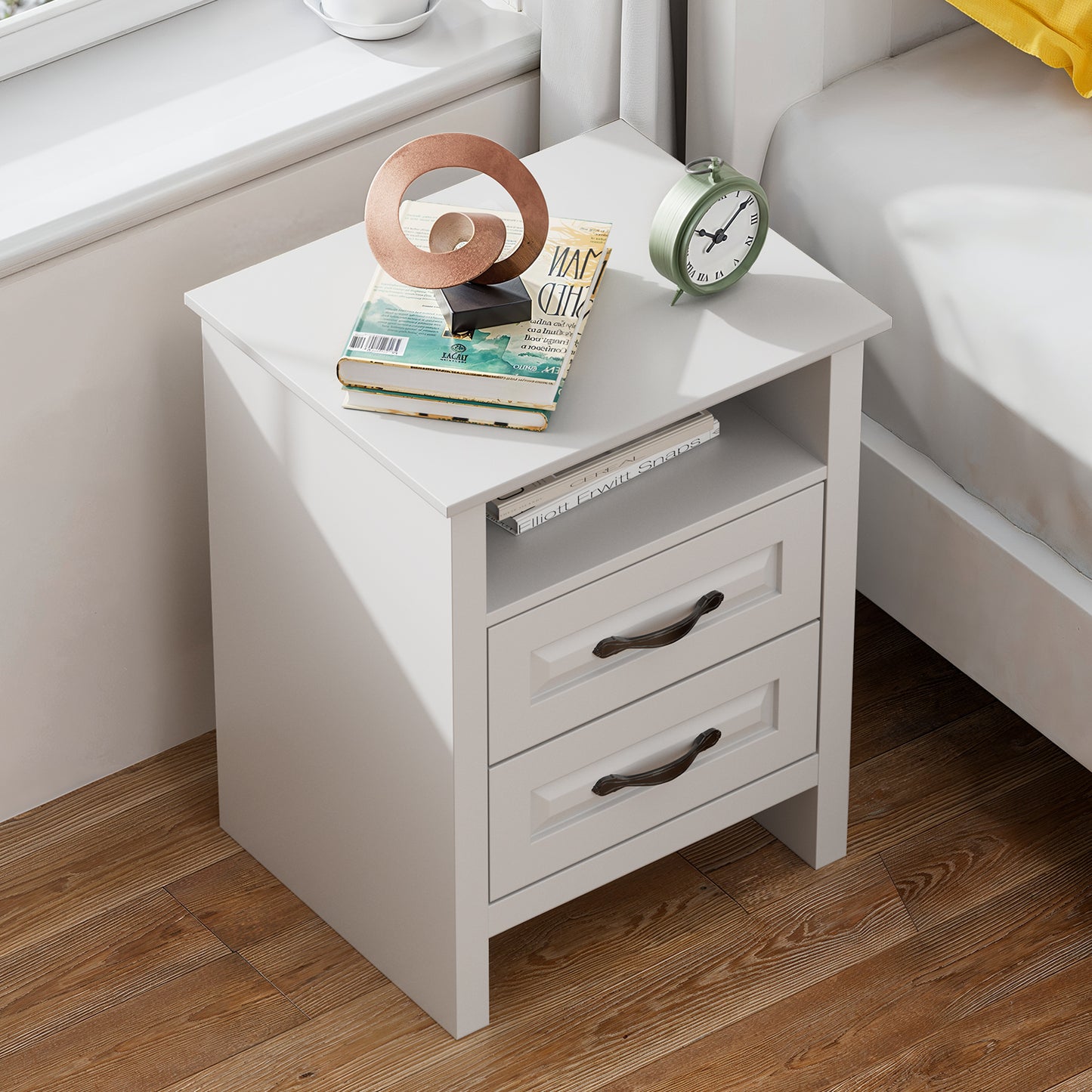 CHITOOMA 2-Drawer Nightstand with Charging Station, Wood Bedside Table with Open Shelf, Small End Table for Bedroom Living Room, White