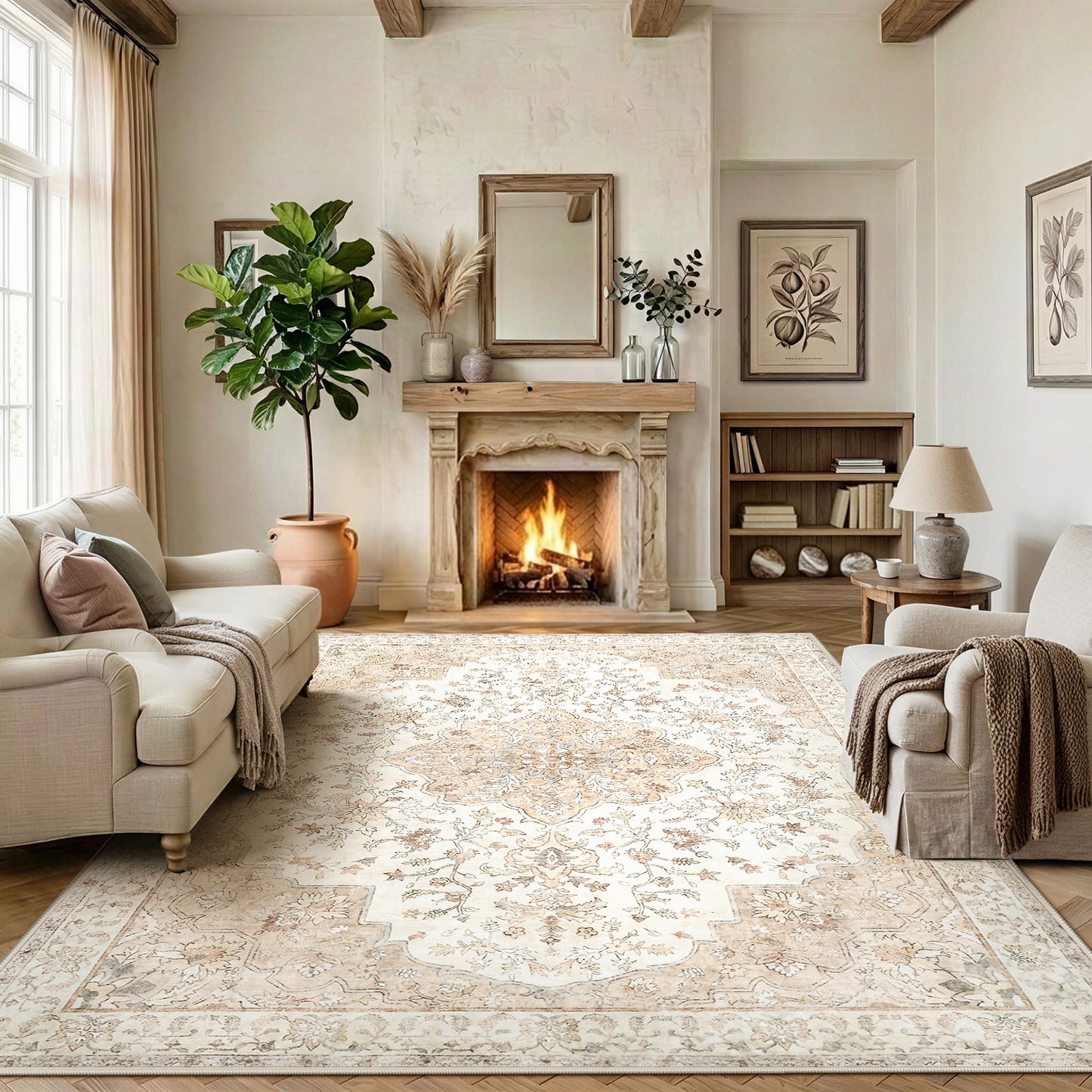 CHITOOMA 5'x7' Boho Area Rugs for Living Room, Machine Washable Stain Resistant Non-Shed Carpet, Floral Area Rug with Non-Slip Backing for Bedroom, Dining Room, Dorm, Office
