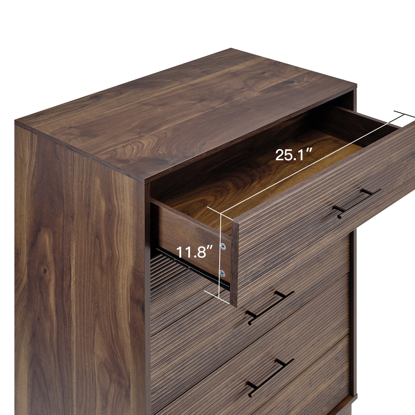 CHITOOMA Fluted Dresser for Bedroom, Modern Wooden 5 Drawer Tall Dresser, Chest of Drawers, Storage Cabine Living Room Hallway, Walnut
