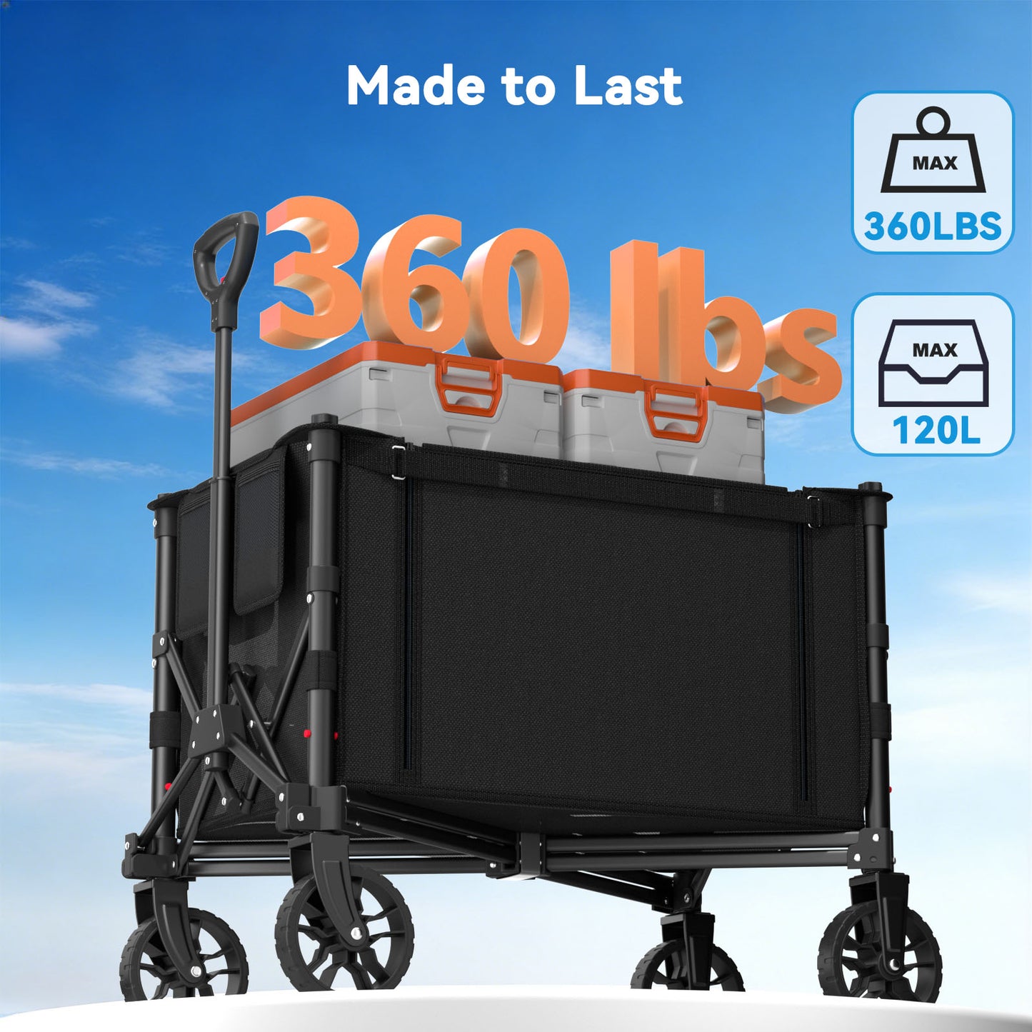 Foldable Wagon with Expandable Storage Space & Locking Front Wheels, Portable Collapsible Wagon Cart with 2 Cup Holder for Groceries, Camping, Shopping, Garden, Beach