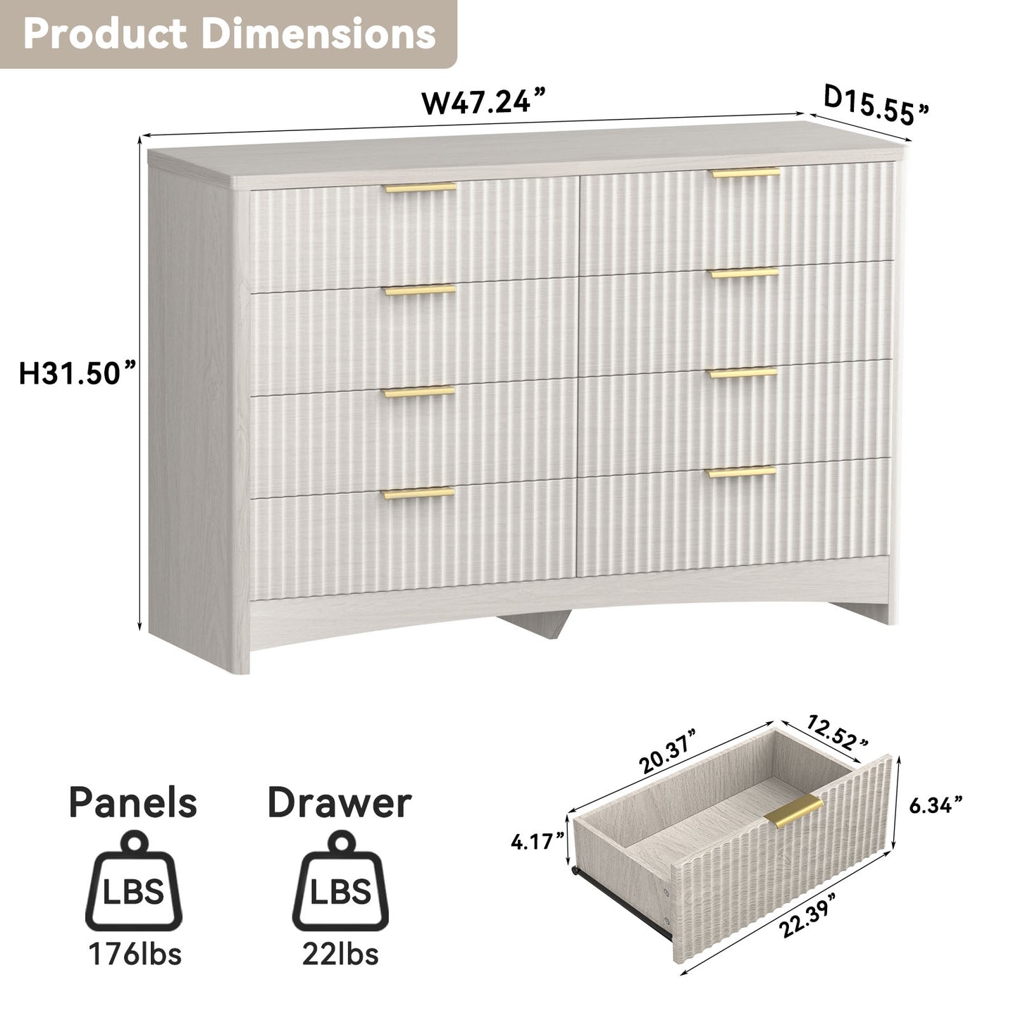 CHITOOMA Modern 8 Drawer Dresser for Bedroom, Extra Large Fluted Wood Chest with Gold Handles, Wide Storage Organizer Cabinet, Gray