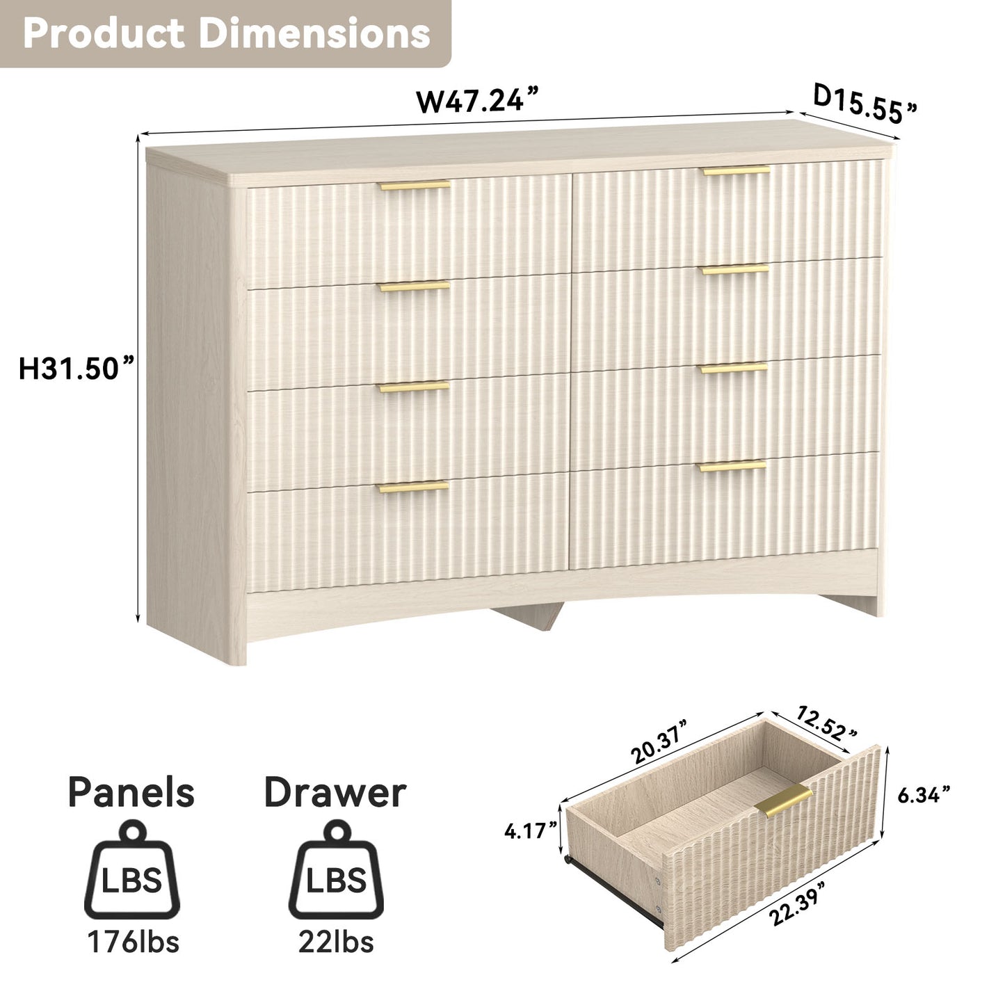 CHITOOMA Modern 8 Drawer Dresser for Bedroom, Extra Large Fluted Wood Chest with Gold Handles, Wide Storage Organizer Cabinet, Natural