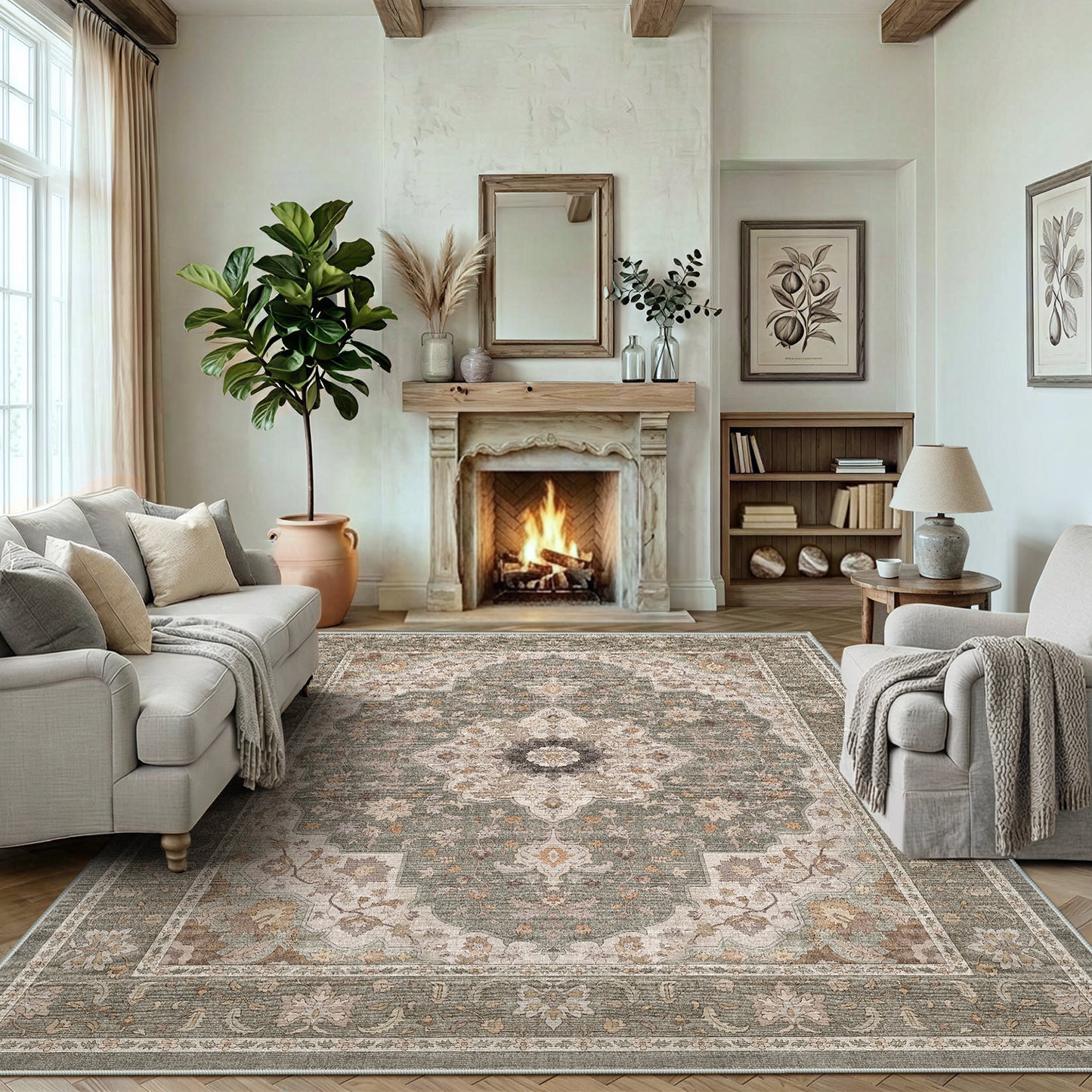 CHITOOMA 9'x12' Area Rugs for Living Room, Boho Machine Washable Stain Resistant Non-Shed Carpet, Floral Area Rug with Non-Slip Backing for Bedroom, Dining Room, Dorm, Office