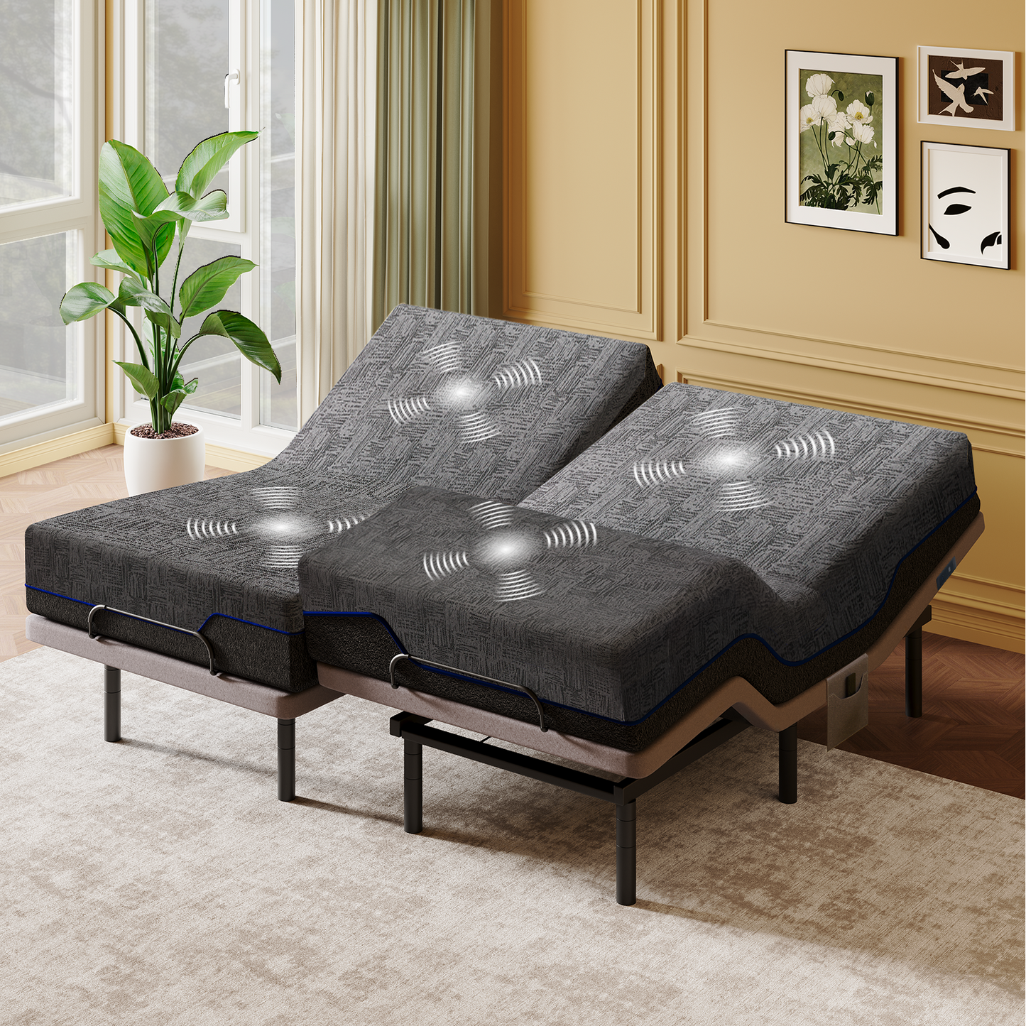 CHITOOMA Split King Adjustable Massage Bed Frame + 14" Gel Memory Foam Mattress, Zero-Clearance Electric Bed with Wireless Remote, Graphene Fabric Cover, Pressure Relief, Mattress in a Box