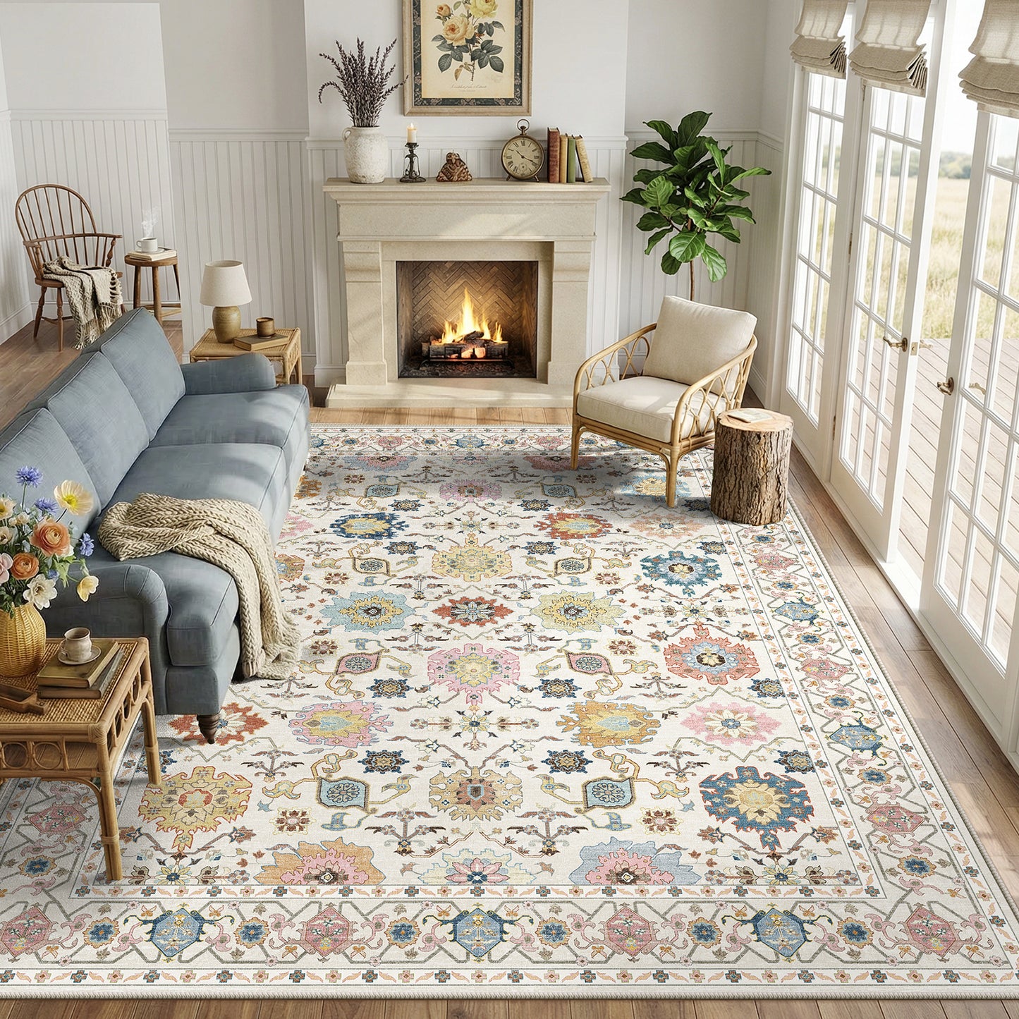 CHITOOMA 9'x12' Area Rugs for Living Room, Boho Machine Washable Stain Resistant Non-Shed Carpet, Floral Area Rug with Non-Slip Backing for Bedroom, Dining Room, Dorm, Office