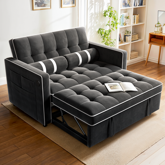 CHITOOMA 3 in 1 Pull Out Sofa Bed with Adjustable Backrest, 70" Convertible Loveseat Sleeper Couch with Charging Port, Side Pockets & Cylinder Pillows for Living Room Apartment, Black