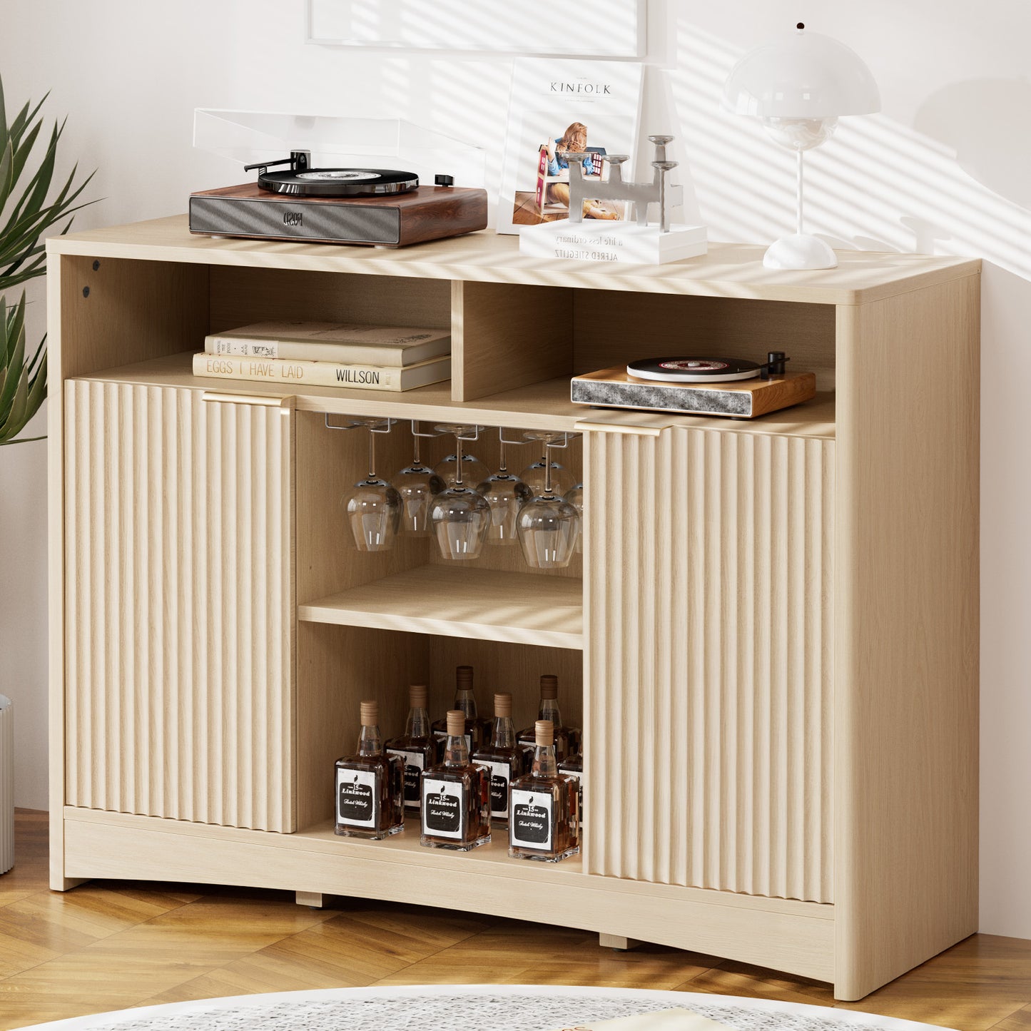 CHITOOMA Modern Coffee Bar Cabinet with Wine Glass Rack, Fluted Buffet Sideboard with Adjustable Storage Shelves and Doors, Liquor Bar Table for Dining Room or Living Room, Natural