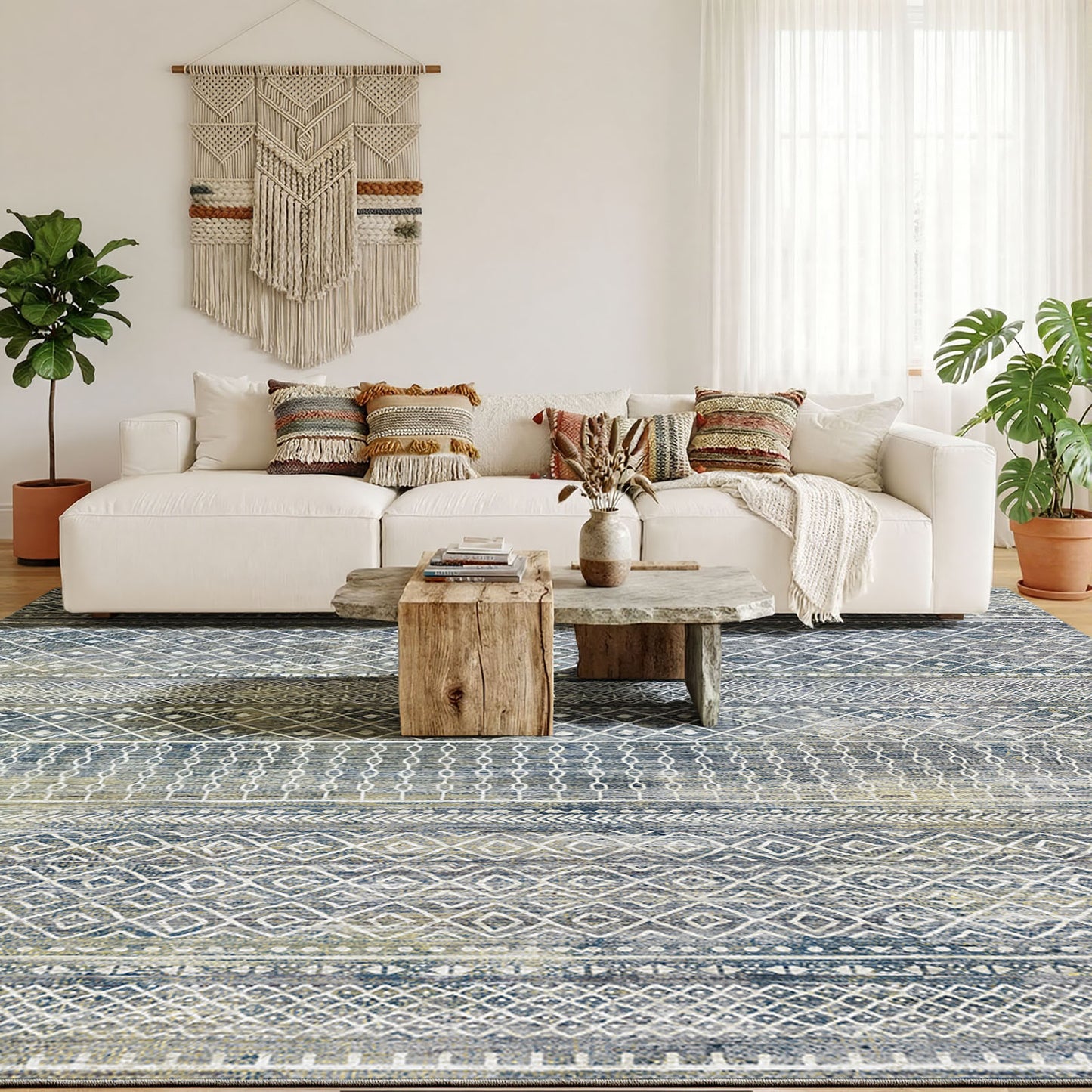 CHITOOMA 8'x10' Area Rugs for Living Room, Washable Rugs Boho Soft Geometric Bohemian Carpet Indoor Rug for Bedroom Dining Room Office Nonslip Foldable Rug