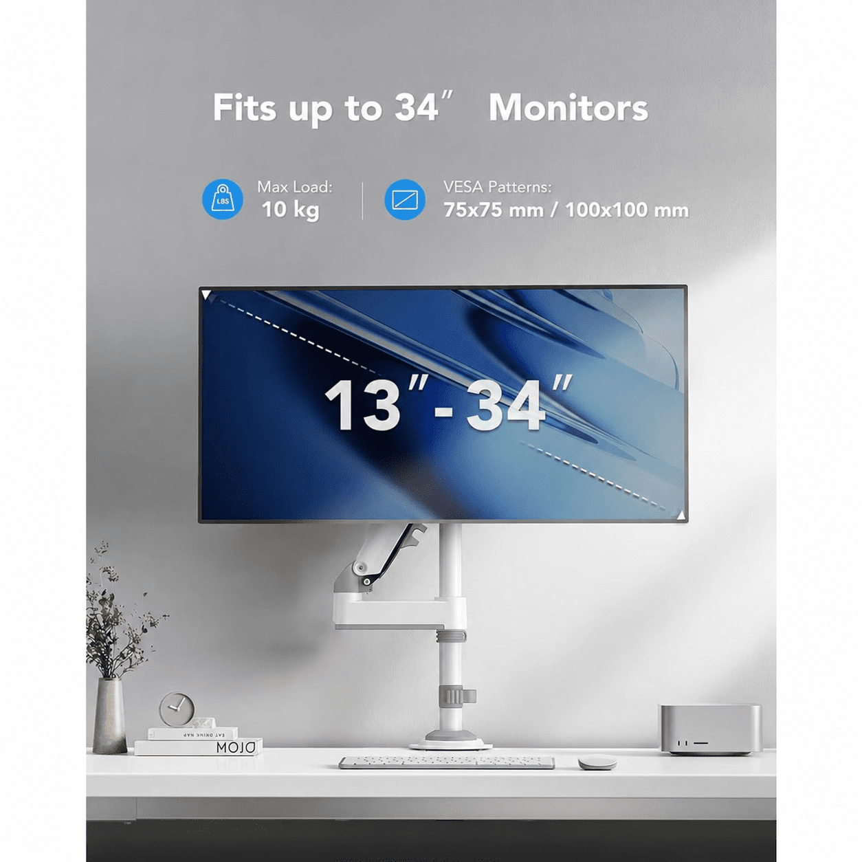 Kyspho Single Monitor Arm for 13–34 Inch Screens,Fully Adjustable Gaming Desk Monitor Mount with Tilt,Swivel,and Rotation,Supports up to 19.8 lbs, Fits VESA 75×75 mm and 100×100 mm,White