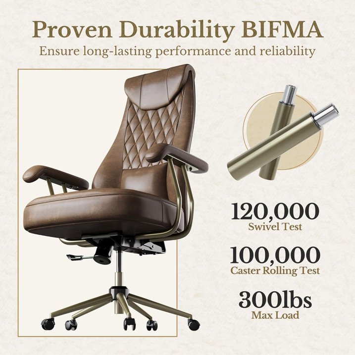 BESTERGO High Back Executive Office Chair with Integrated Headrest & Lumbar Support, Ergonomic PU Leather Desk Chair, Adjustable Swivel & Recline for Home Office, Brown, 300 lbs Capacity