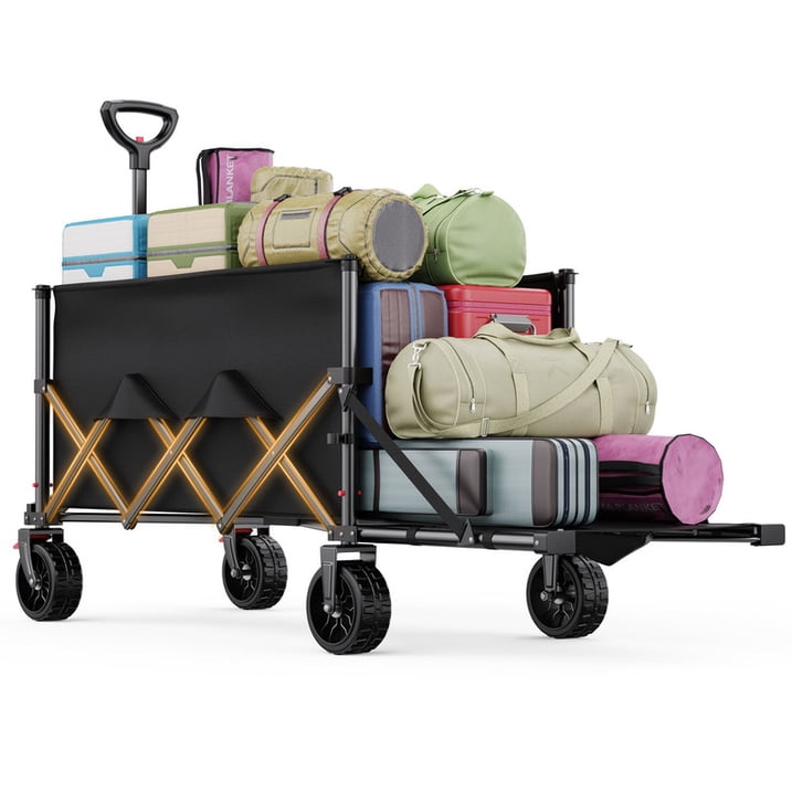 CHITOOMA Wagon Cart Foldable, 360LBS Expandable Utility Wagon for Outdoor & Home Use, 150L Collapsible Grocery Cart with Cup Holders