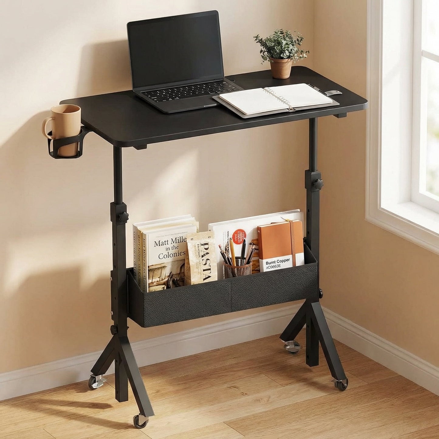 CHITOOMA Mobile Standing Desk with Wheels & Storage, Adjustable Height Rolling Laptop Cart with Cup Holder, Fits Treadmills, Black, 31.5" x 15.75"