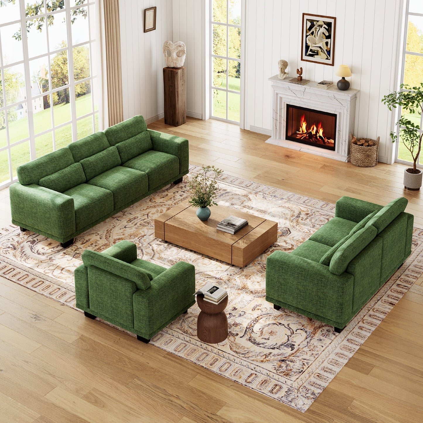 CHITOOMA 65" Loveseat Sofa for Living Room, Comfy Linen Couch with 2 Pillows, Deep Seats, Wide Armrests, Removable Covers & Sturdy Steel Frame, Green