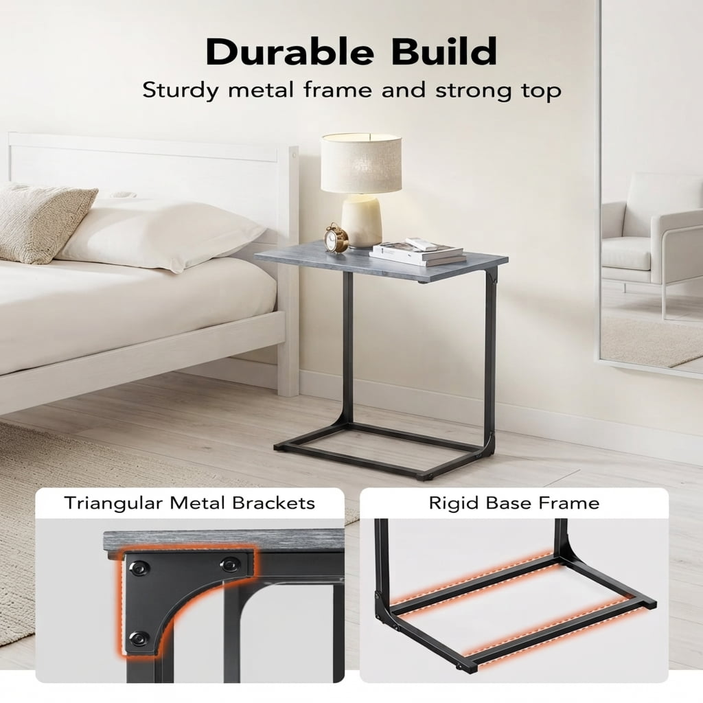 C Shaped Metal Couch End Table Tray Table, Widened Side Table Sofa Table Nightstand for Bedroom, Living Room, 27"(H) x 21.1"(W) x 11.4"(D), Grey