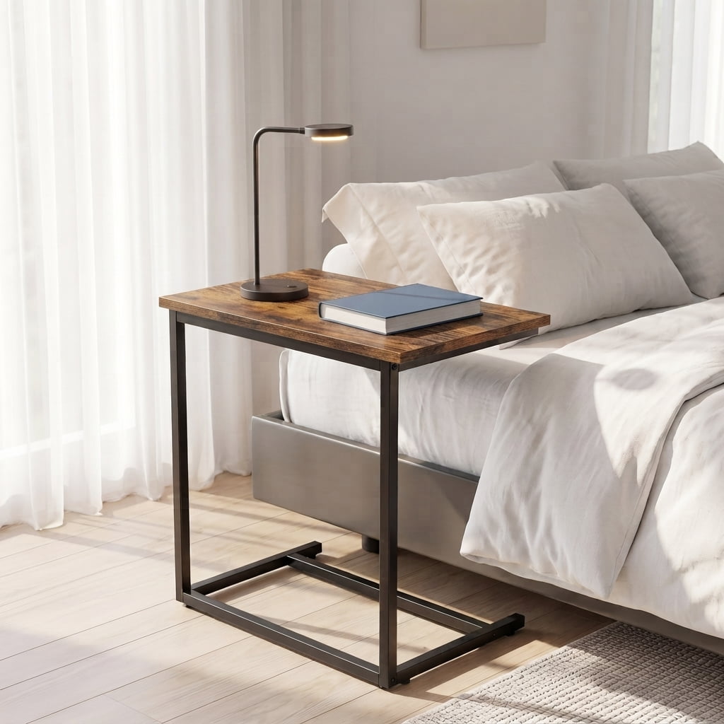 C Shaped End Sofa Table, Widened Vintage End Table Side Table for Living Room, Bedroom, 27"(H) x 21.1"(W) x 11.4"(D), Brown