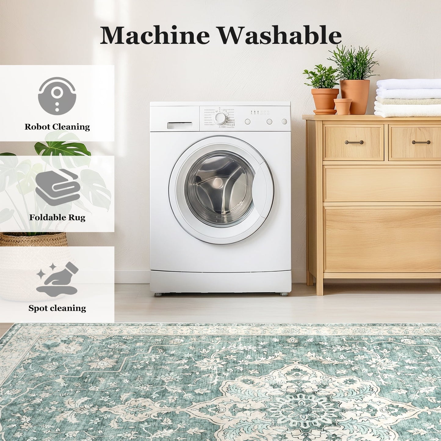 CHITOOMA 5'x7' Boho Area Rugs for Living Room, Machine Washable Stain Resistant Non-Shed Carpet, Floral Area Rug with Non-Slip Backing for Bedroom, Dining Room, Dorm, Office