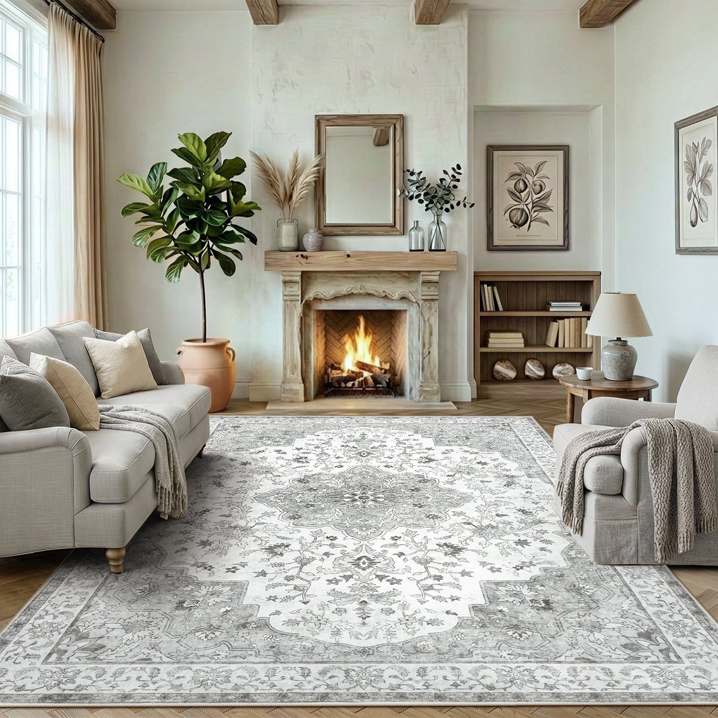 CHITOOMA 8'x10' Machine-washable Area Rugs for Living Room, Boho Floral Area Rugs with Non-Slip Backing, Stain Resistant Non-Shed Carpet for Bedroom, Dining Room, Dorm, Office