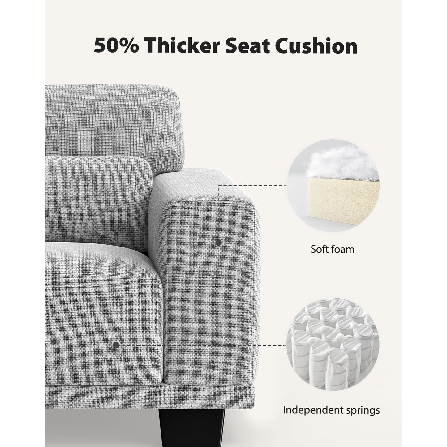 CHITOOMA 65" Loveseat Sofa for Living Room, Comfy Linen Couch with 2 Pillows, Deep Seats, Wide Armrests, Removable Covers & Sturdy Steel Frame, Gray
