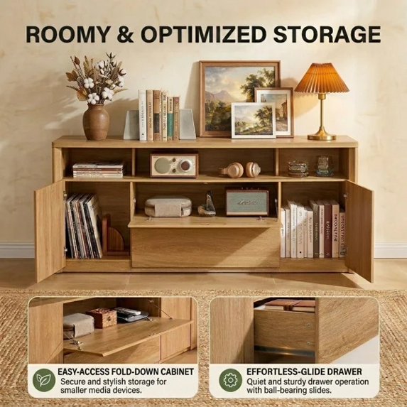 CHITOOMA 69" TV Stand with LED Lights, TV Stand and Charging Station for 80 Inch TVs, Modern Entertainment Center with Storage, Drawers, Cabinets, Open Shelf for Living Room, Bedroom, Natural