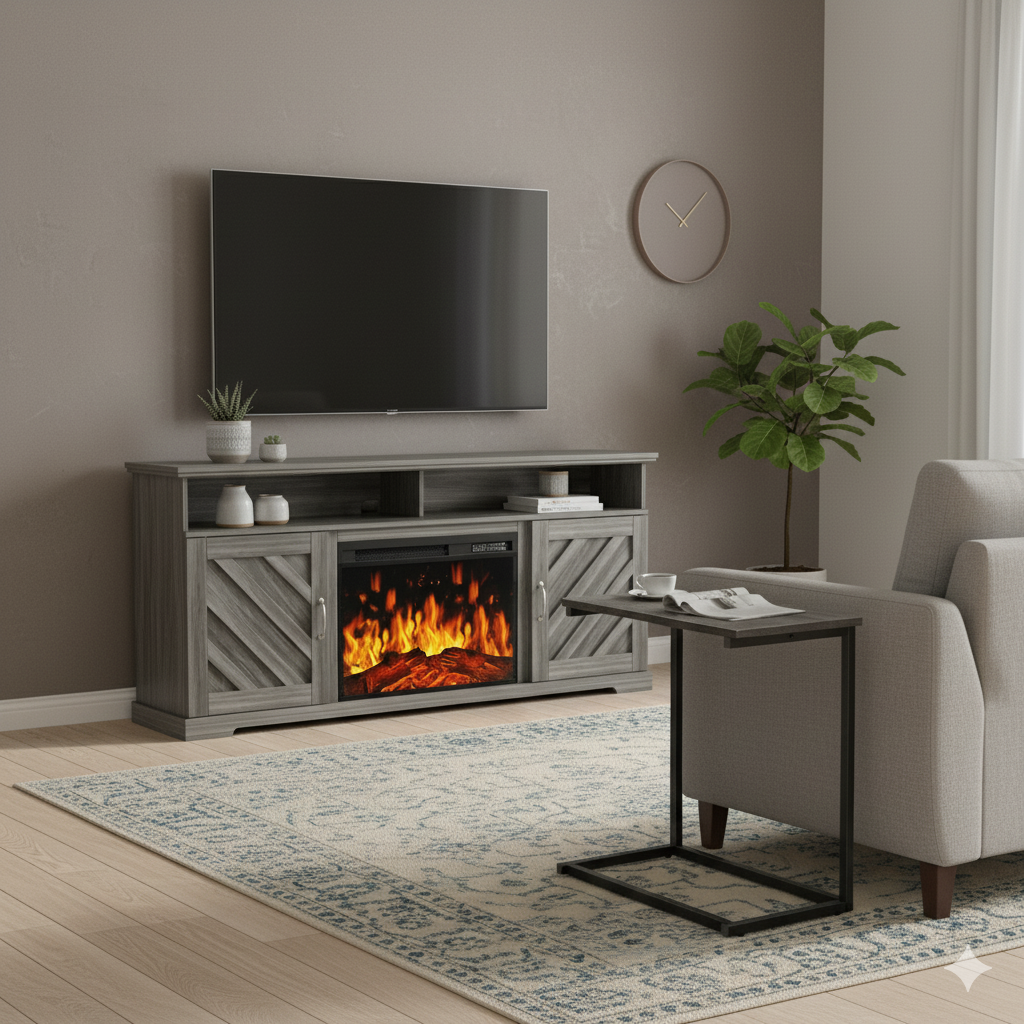 CHITOOMA 75" Fireplace TV Stand and C Shaped End Table Combo, Farmhouse Entertainment Center with 23" Electric Fireplace for Living Room, Bedroom, Gray