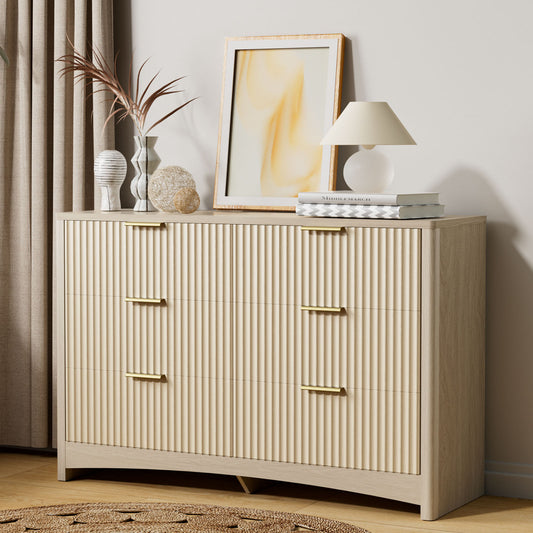 CHITOOMA Modern 6 Drawer Dresser for Bedroom, Wood Chest of Drawers with Fluted Front and Gold Handles, Wide Storage Cabinet for Living Room, Natural