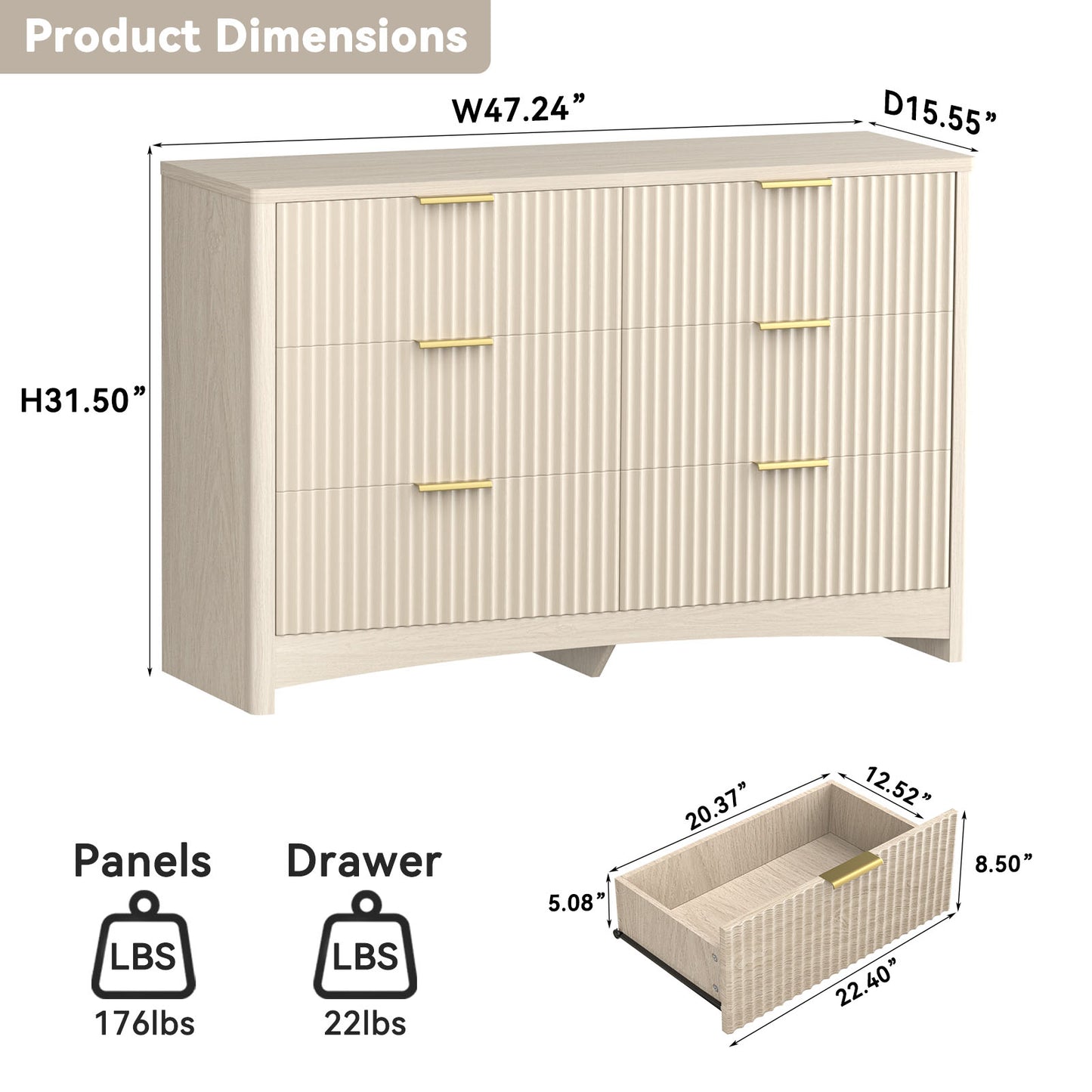 CHITOOMA Modern 6 Drawer Dresser for Bedroom, Wood Chest of Drawers with Fluted Front and Gold Handles, Wide Storage Cabinet for Living Room, Natural