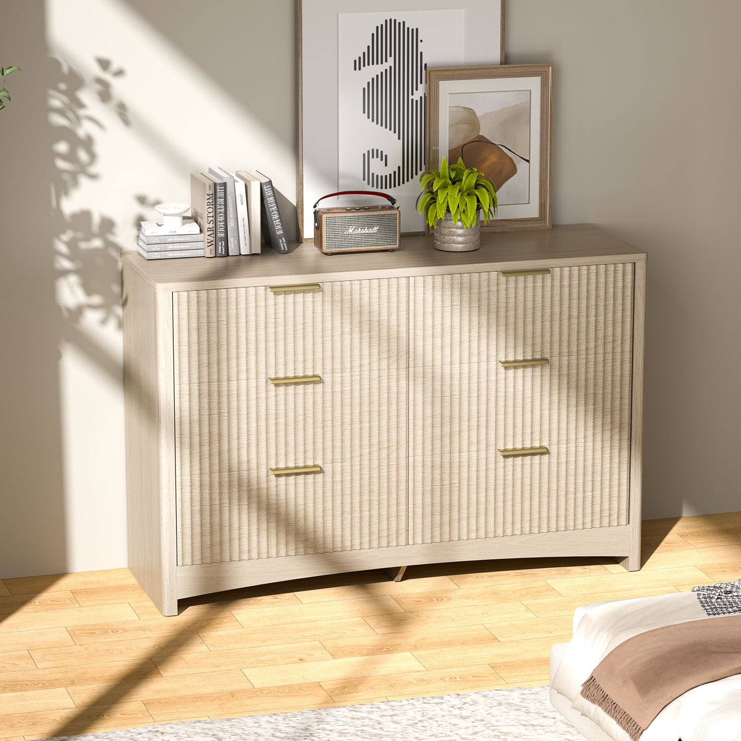 CHITOOMA Modern 6 Drawer Dresser for Bedroom, Wood Chest of Drawers with Fluted Front and Gold Handles, Wide Storage Cabinet for Living Room, Natural