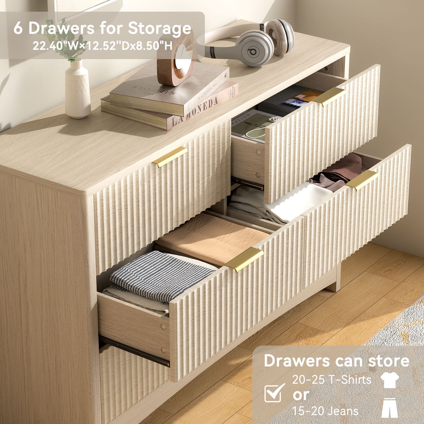 CHITOOMA Modern 6 Drawer Dresser for Bedroom, Wood Chest of Drawers with Fluted Front and Gold Handles, Wide Storage Cabinet for Living Room, Natural