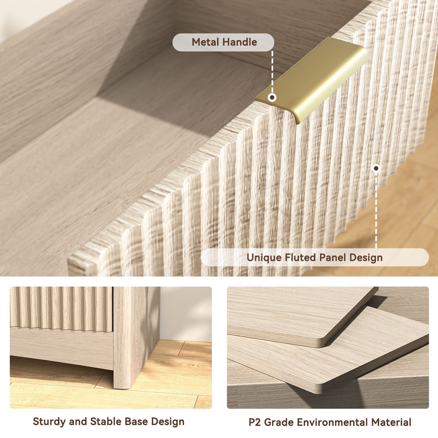 CHITOOMA Modern 6 Drawer Dresser for Bedroom, Wood Chest of Drawers with Fluted Front and Gold Handles, Wide Storage Cabinet for Living Room, Natural