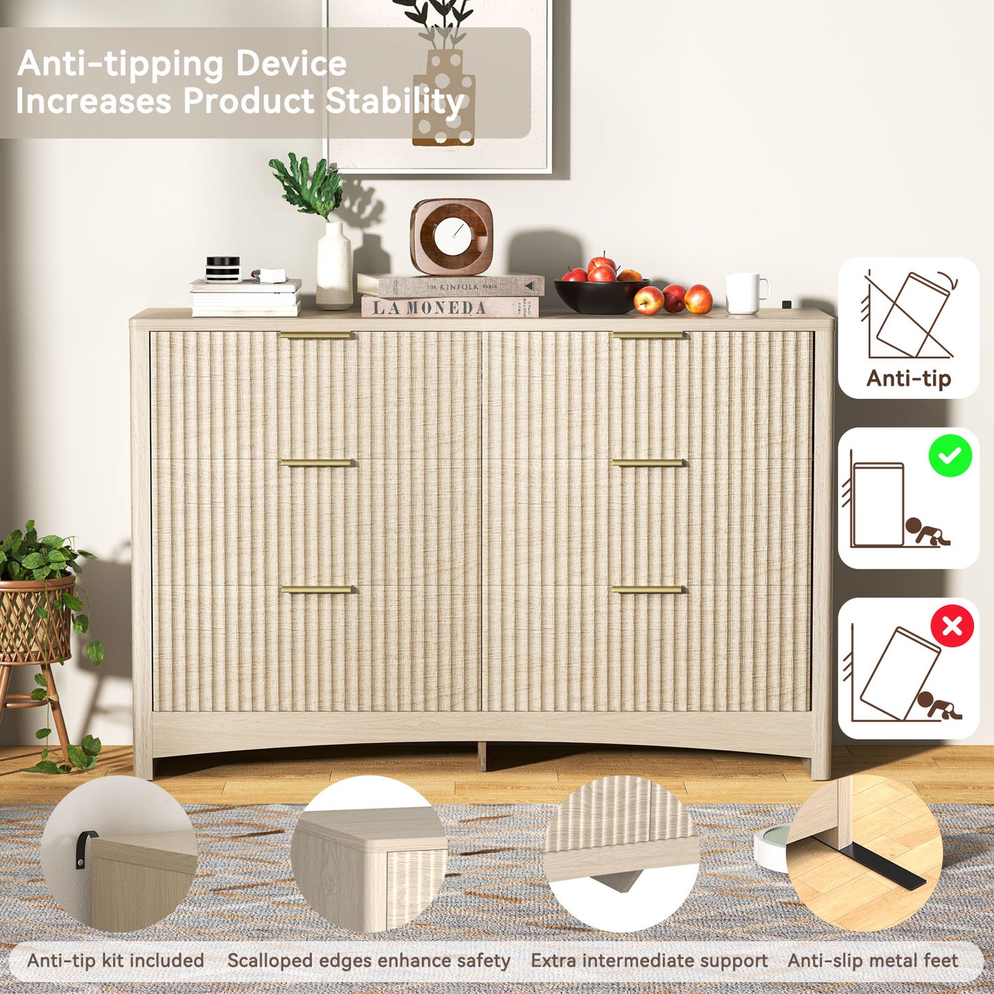 CHITOOMA Modern 6 Drawer Dresser for Bedroom, Wood Chest of Drawers with Fluted Front and Gold Handles, Wide Storage Cabinet for Living Room, Natural