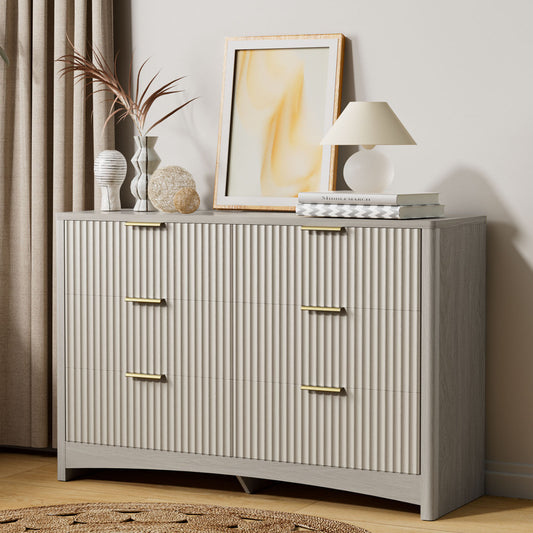 CHITOOMA Modern 6 Drawer Dresser for Bedroom, Wood Chest of Drawers with Fluted Front and Gold Handles, Wide Storage Cabinet for Living Room, Gray