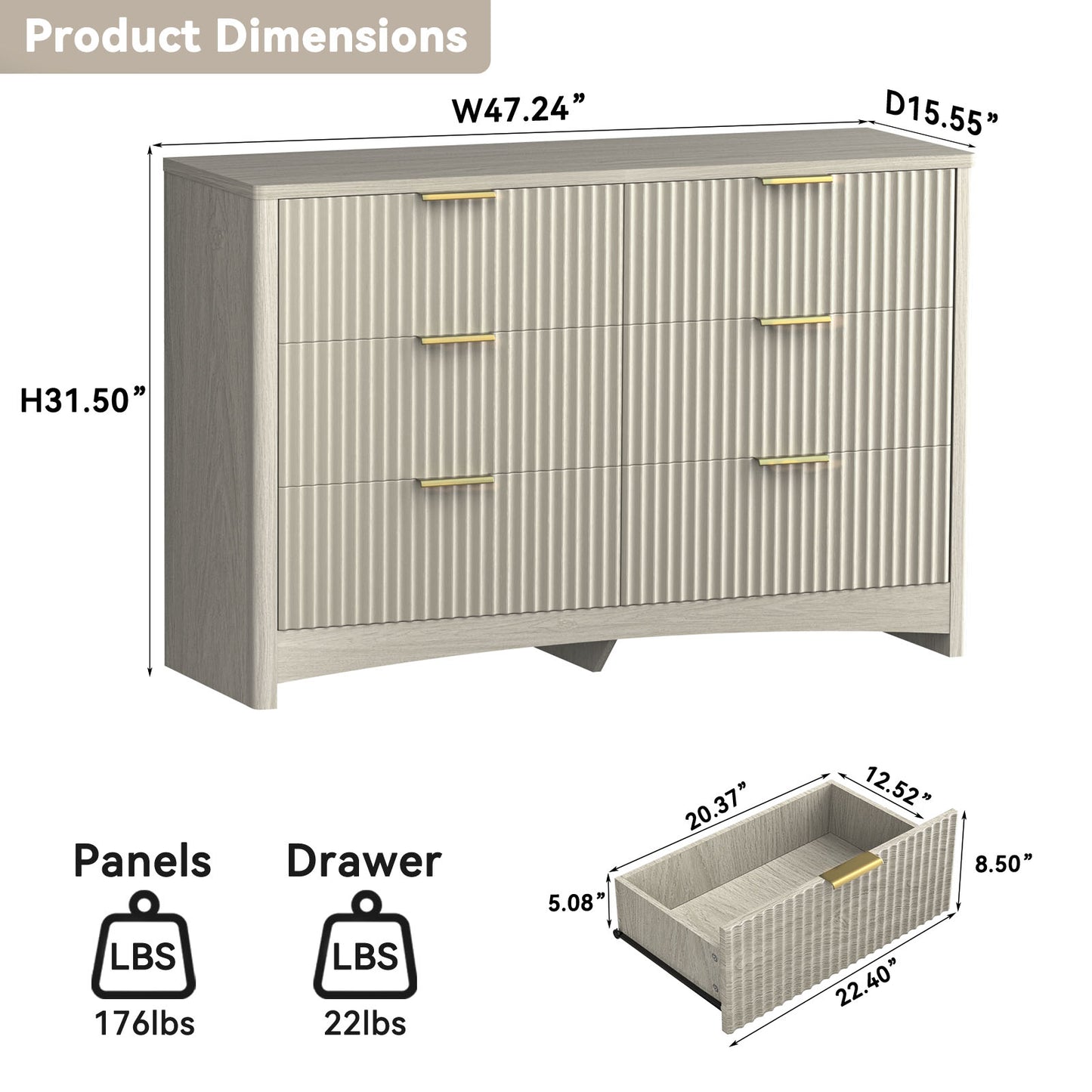 CHITOOMA Modern 6 Drawer Dresser for Bedroom, Wood Chest of Drawers with Fluted Front and Gold Handles, Wide Storage Cabinet for Living Room, Gray