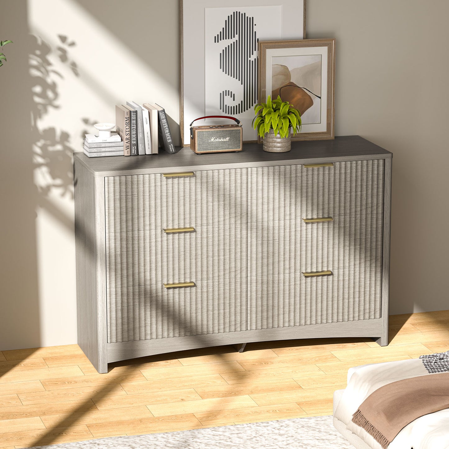 CHITOOMA Modern 6 Drawer Dresser for Bedroom, Wood Chest of Drawers with Fluted Front and Gold Handles, Wide Storage Cabinet for Living Room, Gray
