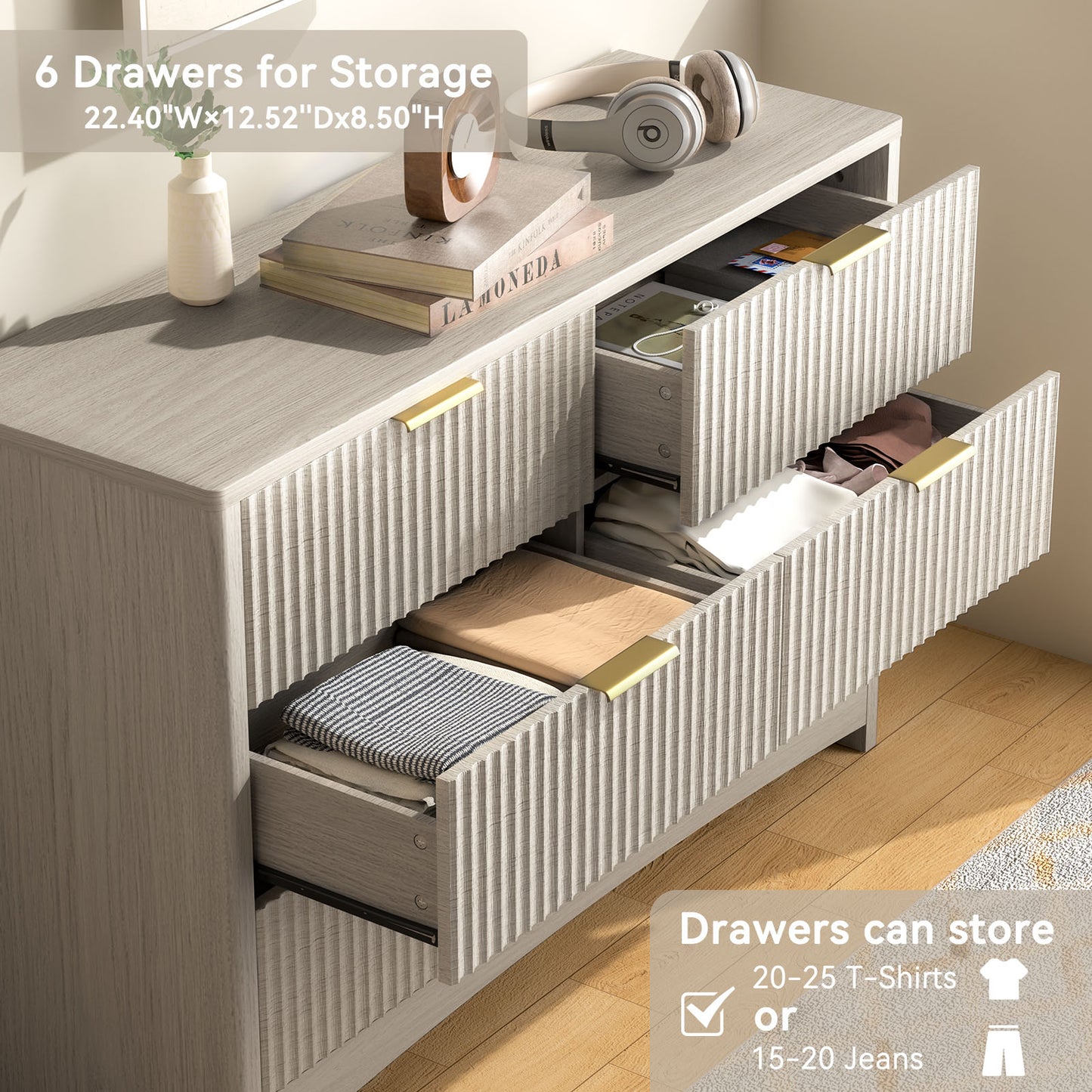 CHITOOMA Modern 6 Drawer Dresser for Bedroom, Wood Chest of Drawers with Fluted Front and Gold Handles, Wide Storage Cabinet for Living Room, Gray