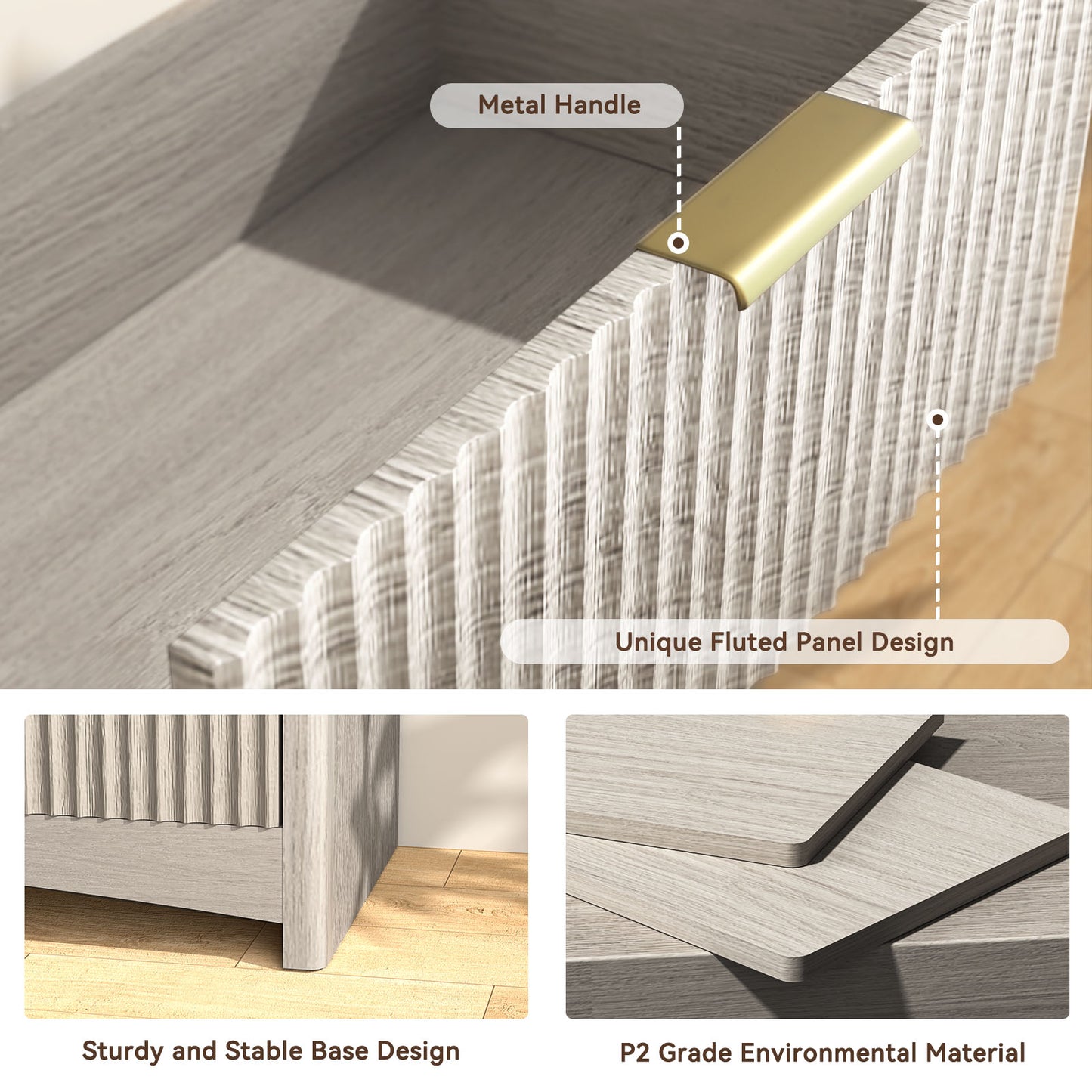 CHITOOMA Modern 6 Drawer Dresser for Bedroom, Wood Chest of Drawers with Fluted Front and Gold Handles, Wide Storage Cabinet for Living Room, Gray