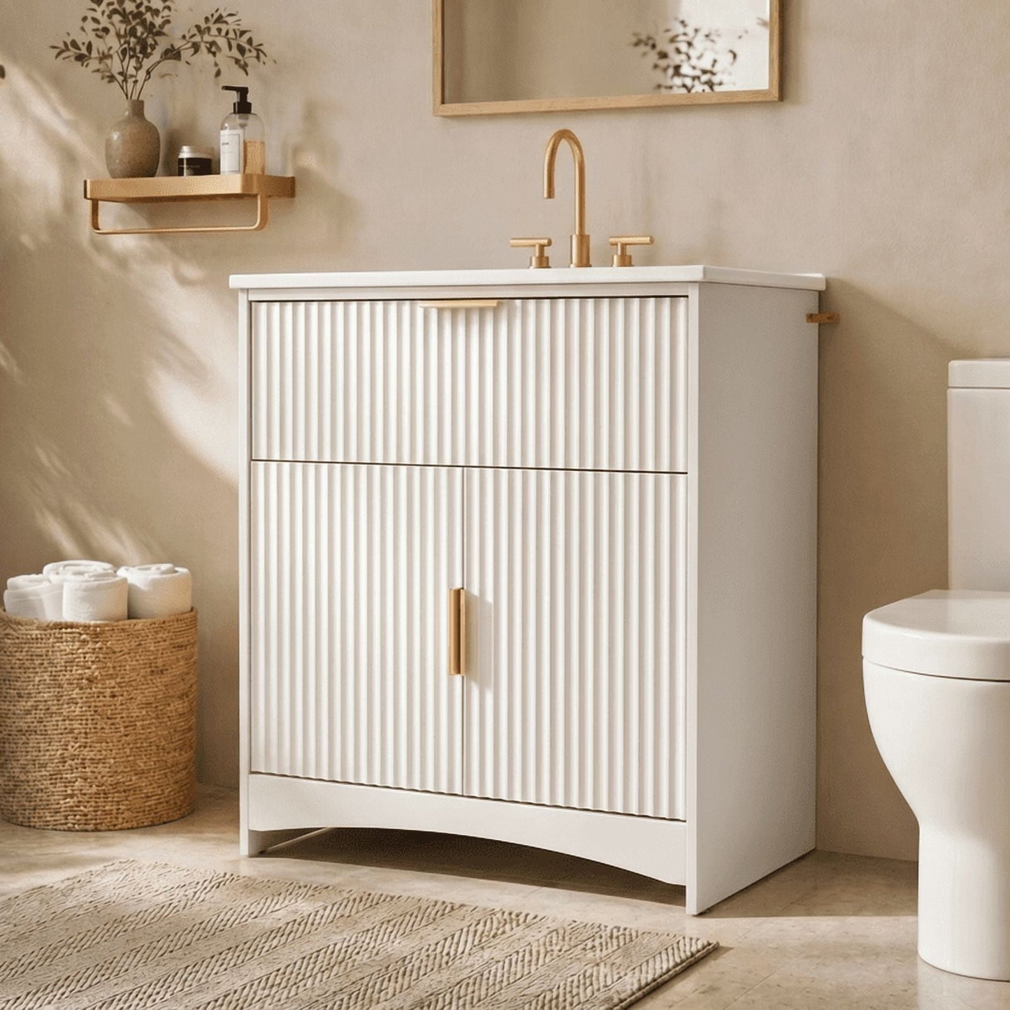 30 Inch Bathroom Vanity with Ceramic Sink, Freestanding Bathroom Sink Cabinet with Fluted Doors, 2 Doors and 1 Drawer, Adjustable Shelf, Modern Bathroom Storage Combo, White