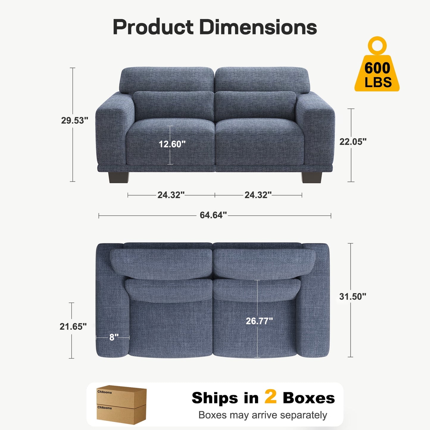 CHITOOMA 65" Loveseat Sofa for Living Room, Comfy Linen Couch with 2 Pillows, Deep Seats, Wide Armrests, Removable Covers & Sturdy Steel Frame, Blue