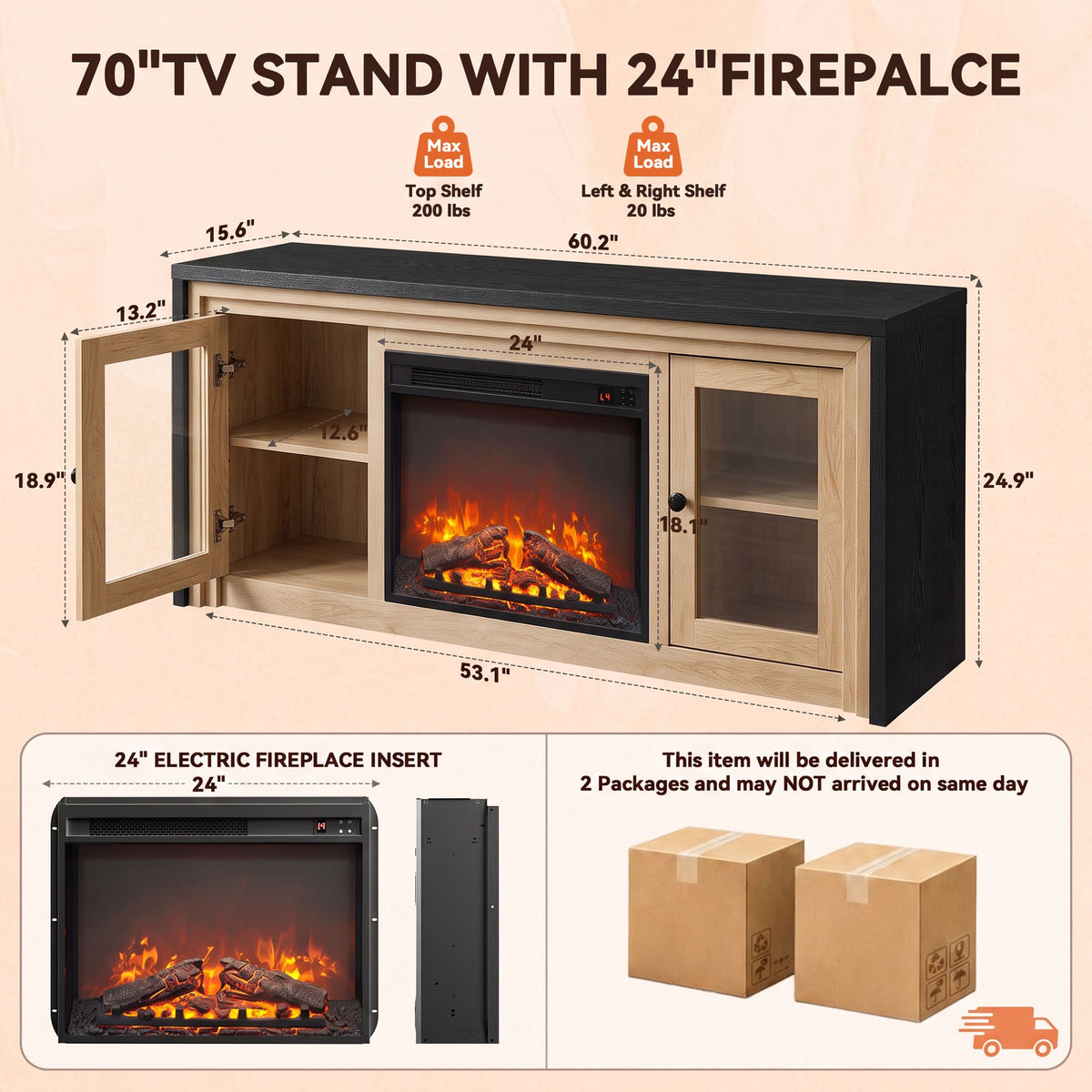 Modern Fireplace TV Stand with 24" Electric Fireplace up to 70" TV, Fireplace TV Console with Glass Barn Doors & Adjustable Shelf, 5100BTU, White