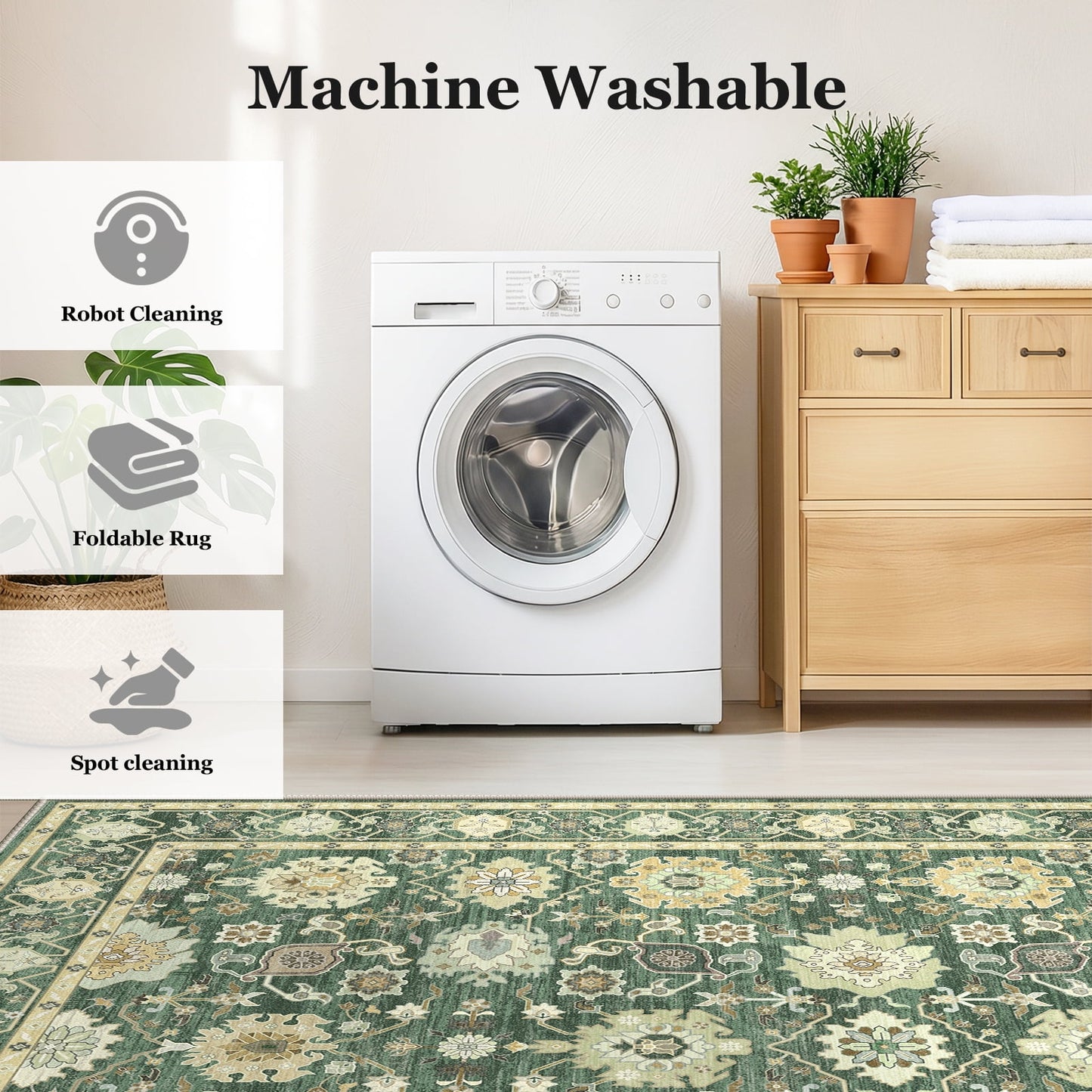 CHITOOMA 5'x7' Area Rugs for Living Room, Boho Machine Washable Stain Resistant Non-Shed Carpet, Floral Area Rug with Non-Slip Backing for Bedroom, Dining Room, Dorm, Office