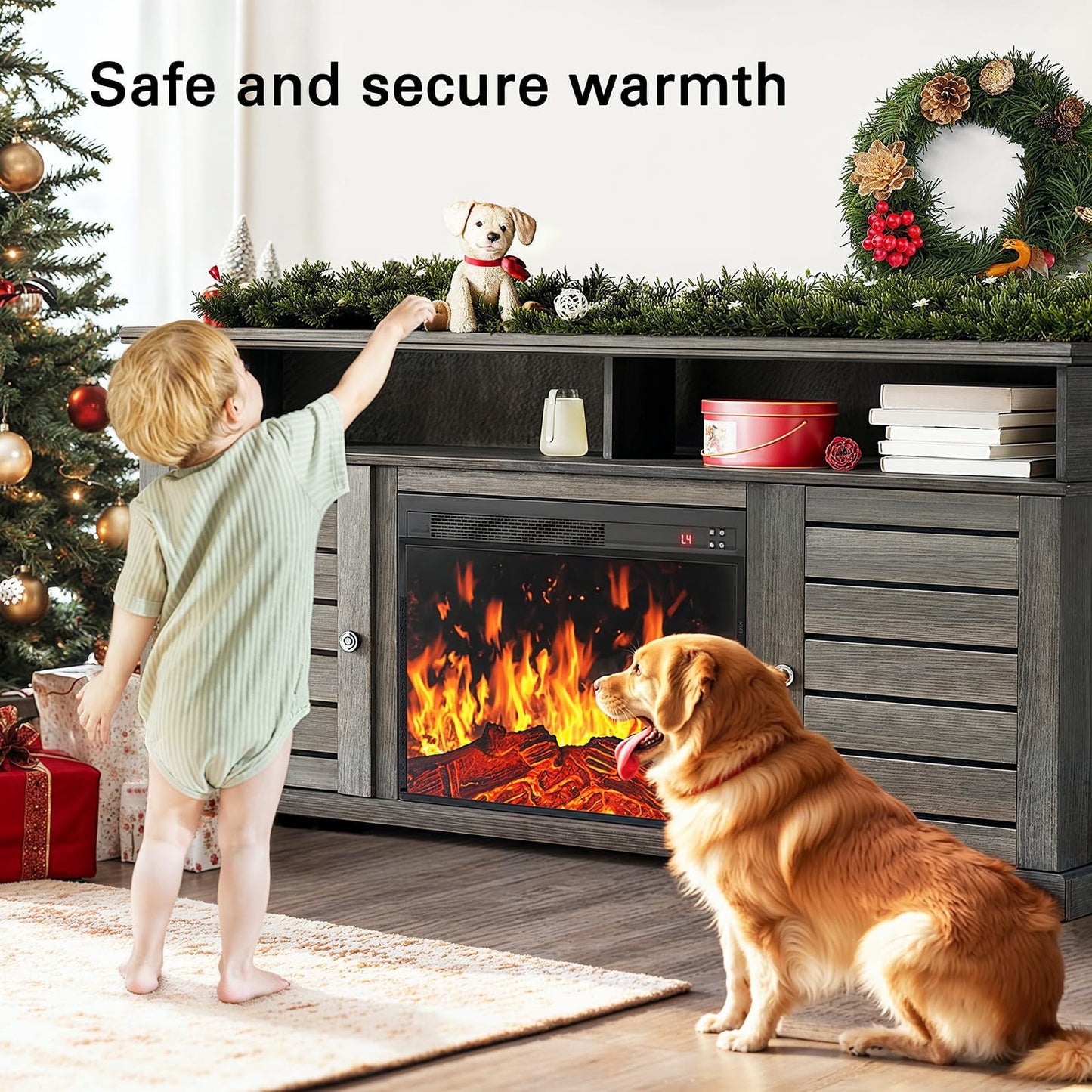 Electric Fireplace TV Stand up to 75" TVs, Farmhouse Entertainment Center wiht 23" Fireplace for Living Room, Gray