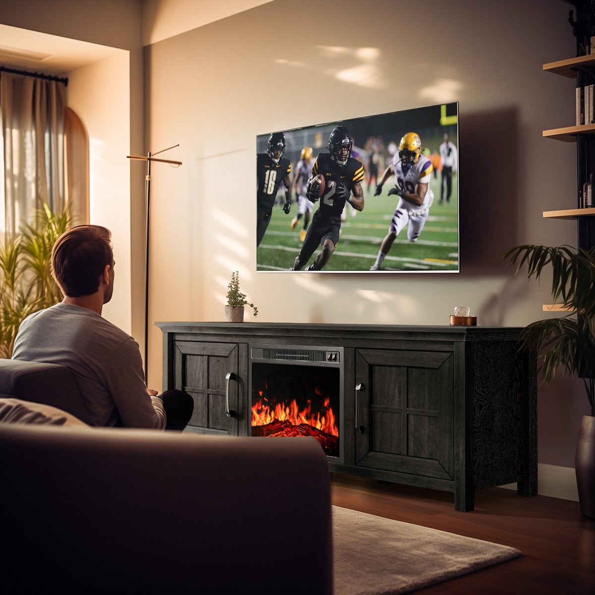 CHITOOMA Fireplace TV Stand with 2 Barn Doors and Storage Cabinets for TV up to 75 inch, Entertainment Center Console Table, Media Furniture for Living Room, Black
