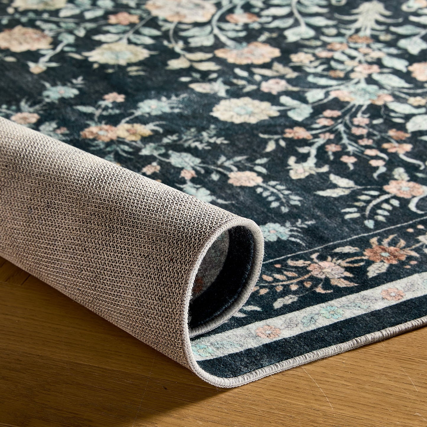 CHITOOMA 5'x7' Area Rugs for Living Room, Modern Floral Area Rugs Machine Washable Rugs, Botanical Indoor Carpet Soft Rugs for Bedroom Dining Room Dorm Office, Black