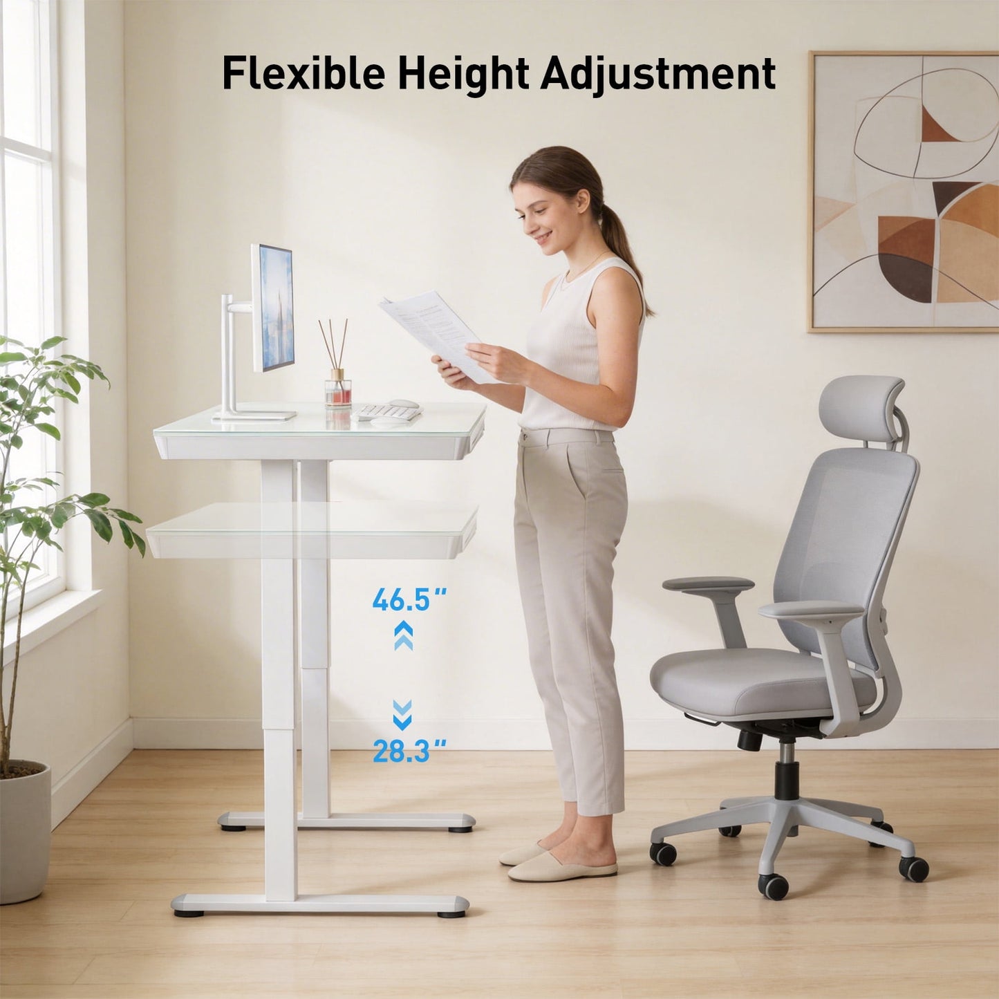 One-Piece Glass Standing Desk with USB & Type-C & Drawers, 40"×24" Electric Adjustable Stand Up Desk for Small Apartment, Glass Tabletop Office Computer Desk, White